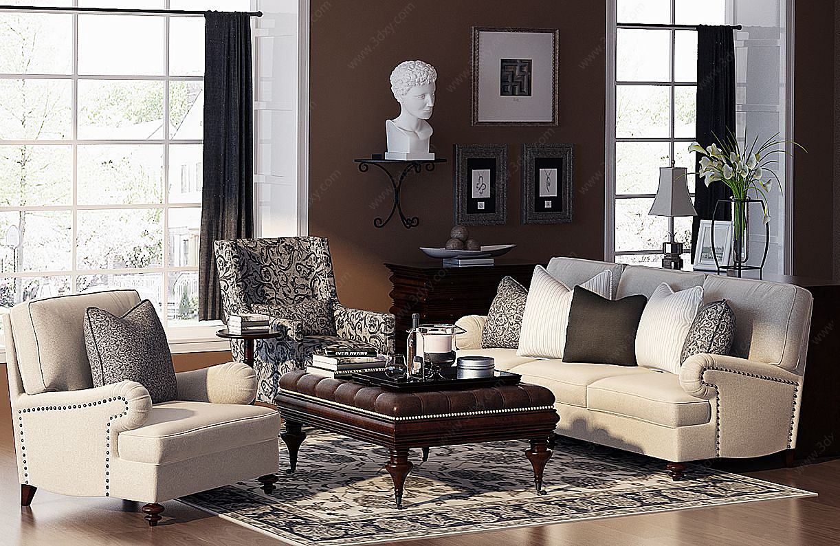 美式客厅美式沙发装饰柜3D模型