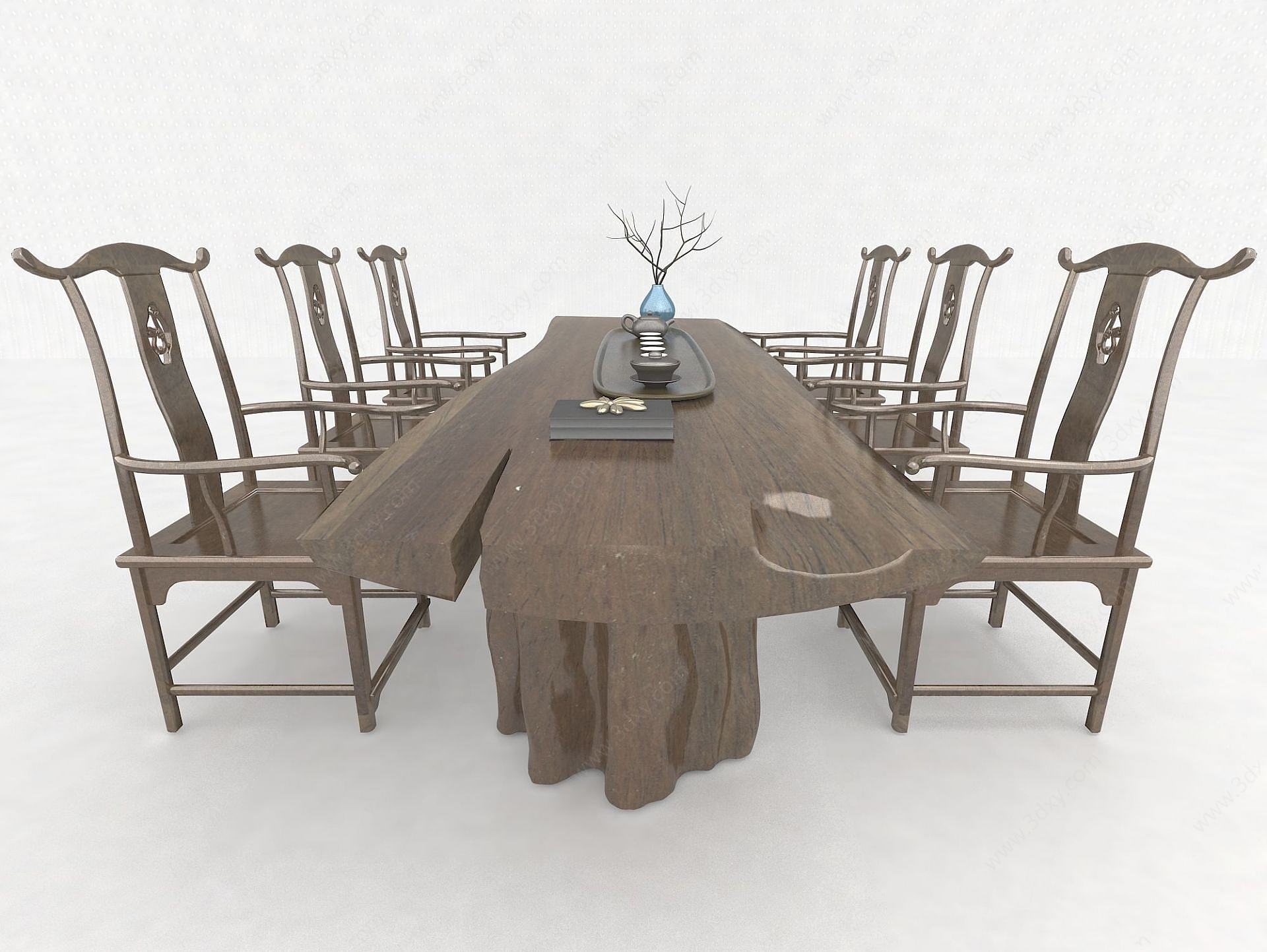 新中式茶桌椅茶具3D模型