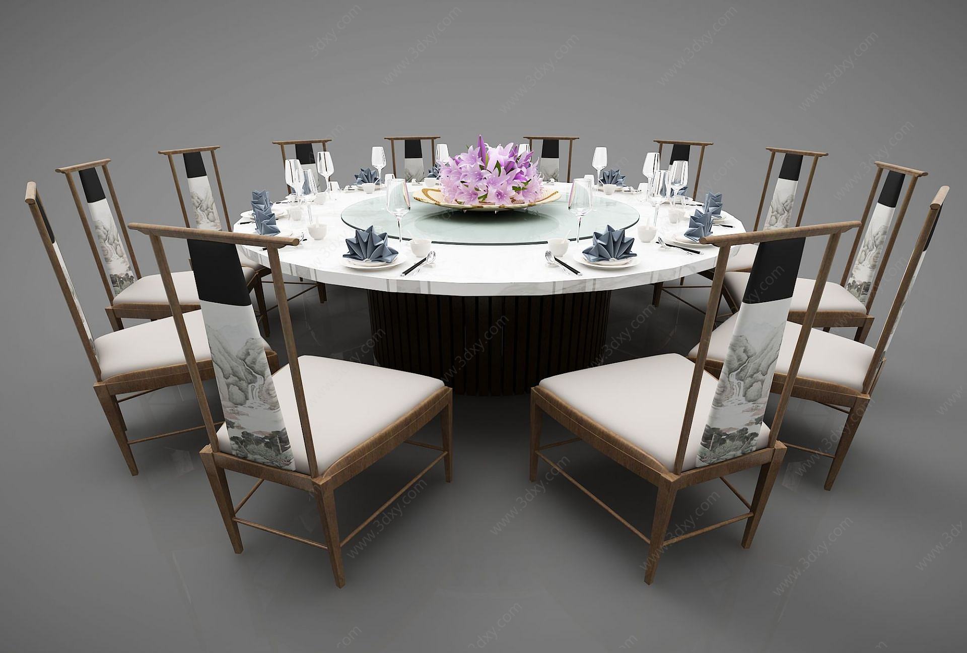 新中式圆形餐桌椅3D模型