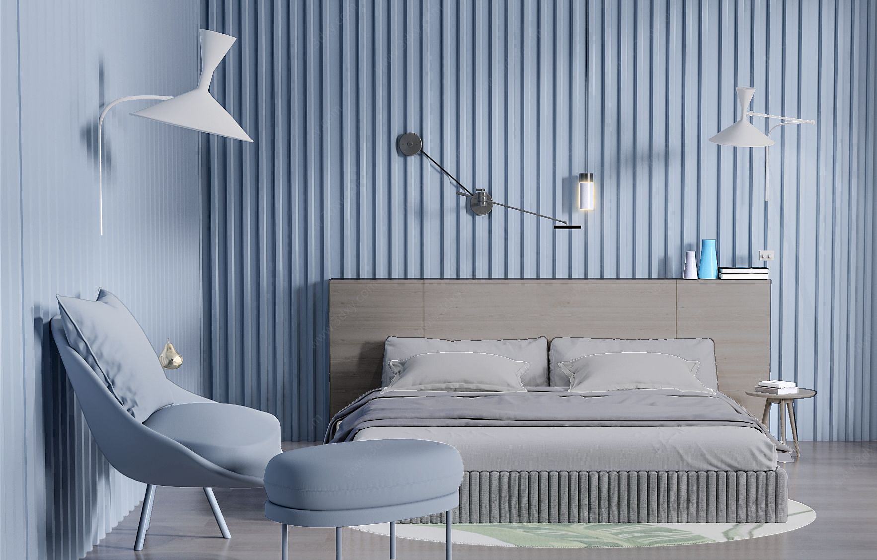 蓝系卧室双人床3D模型
