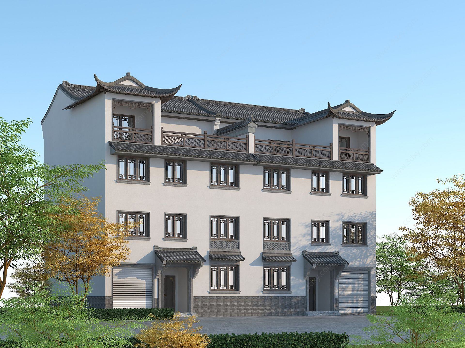 中式别墅双拼3D模型