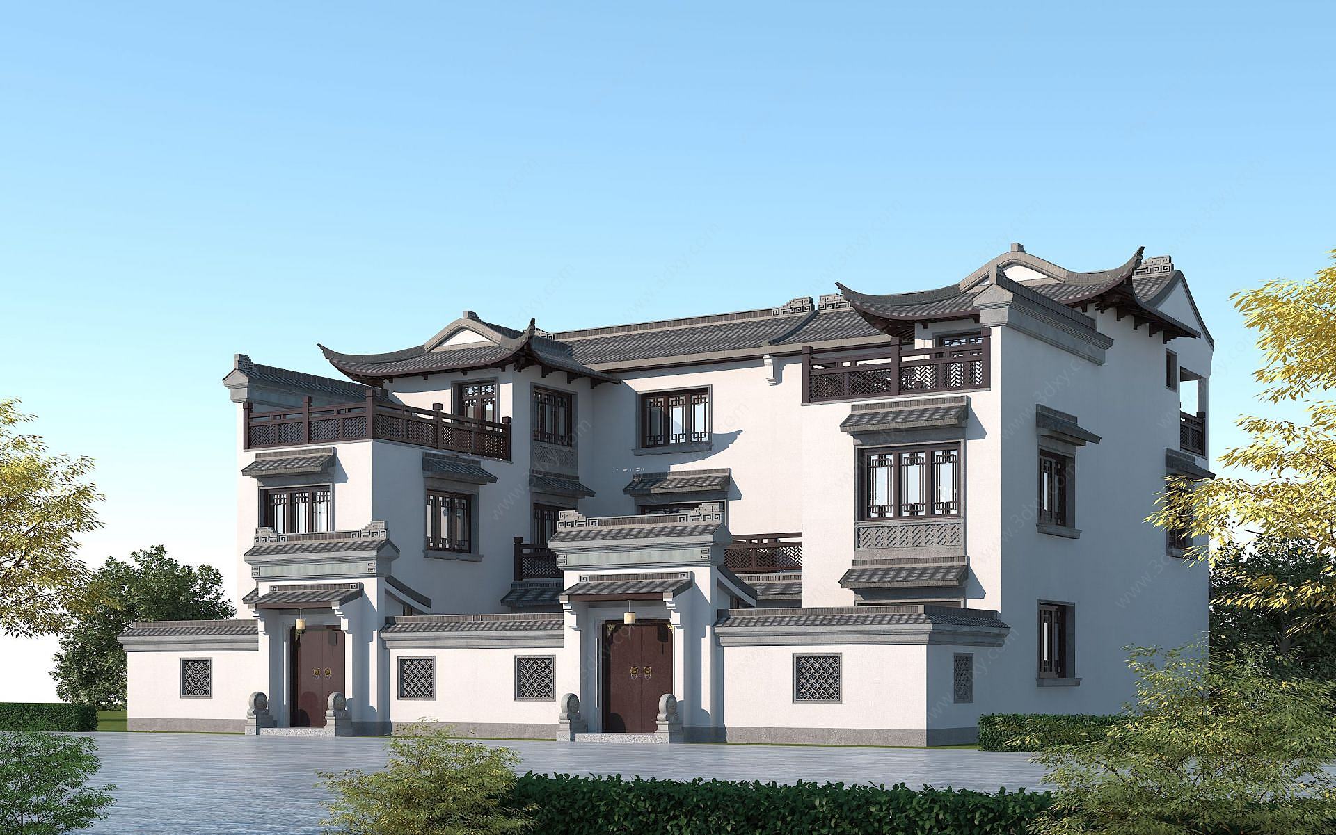 中式别墅双拼3D模型