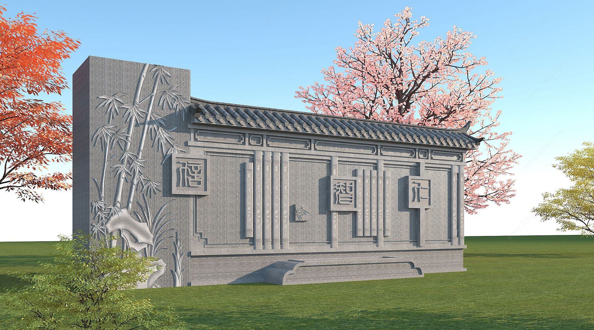 中式石雕文化墙3D模型