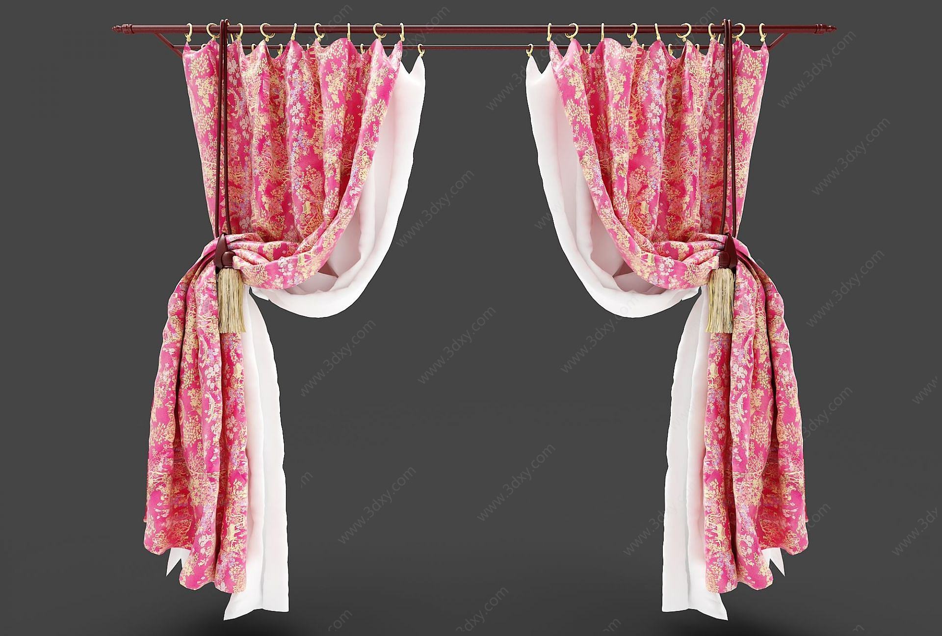 粉红色双层窗帘3D模型