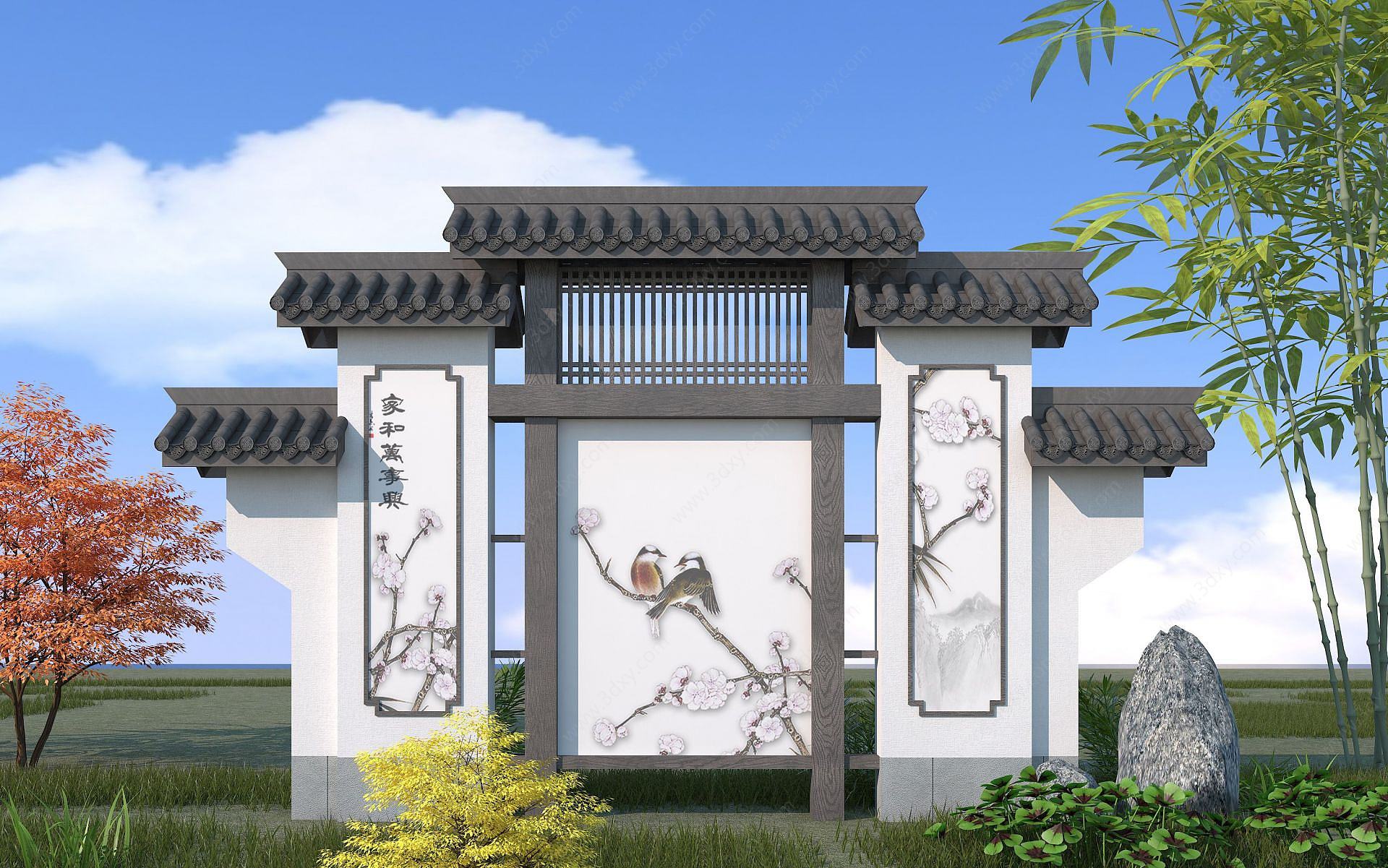 中式古建景墙3D模型