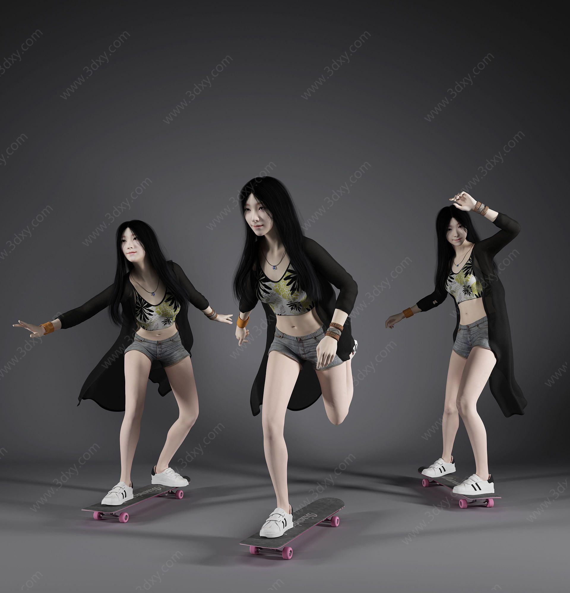 现代风格滑板美女人物3D模型
