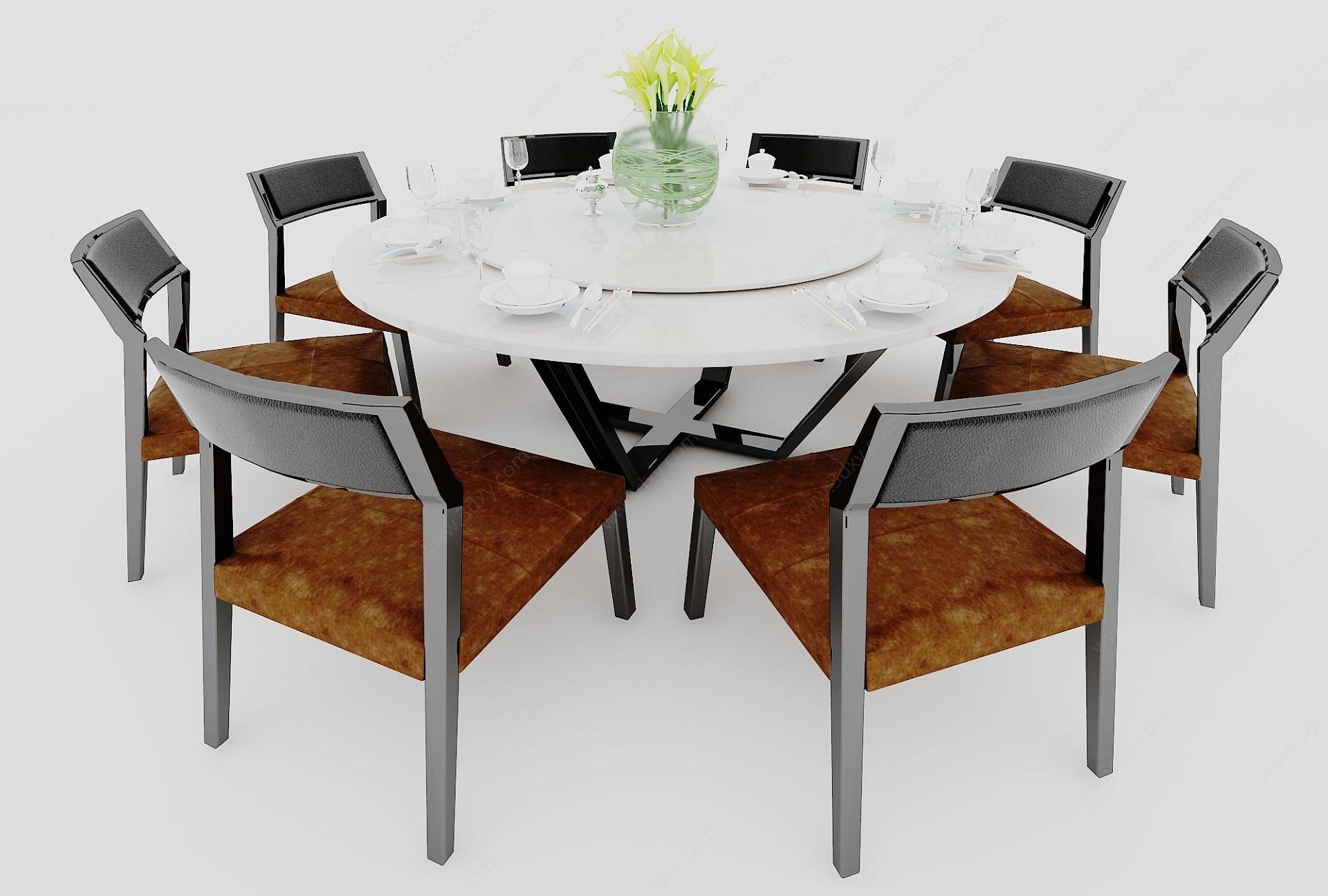 中式圆形餐桌椅3D模型