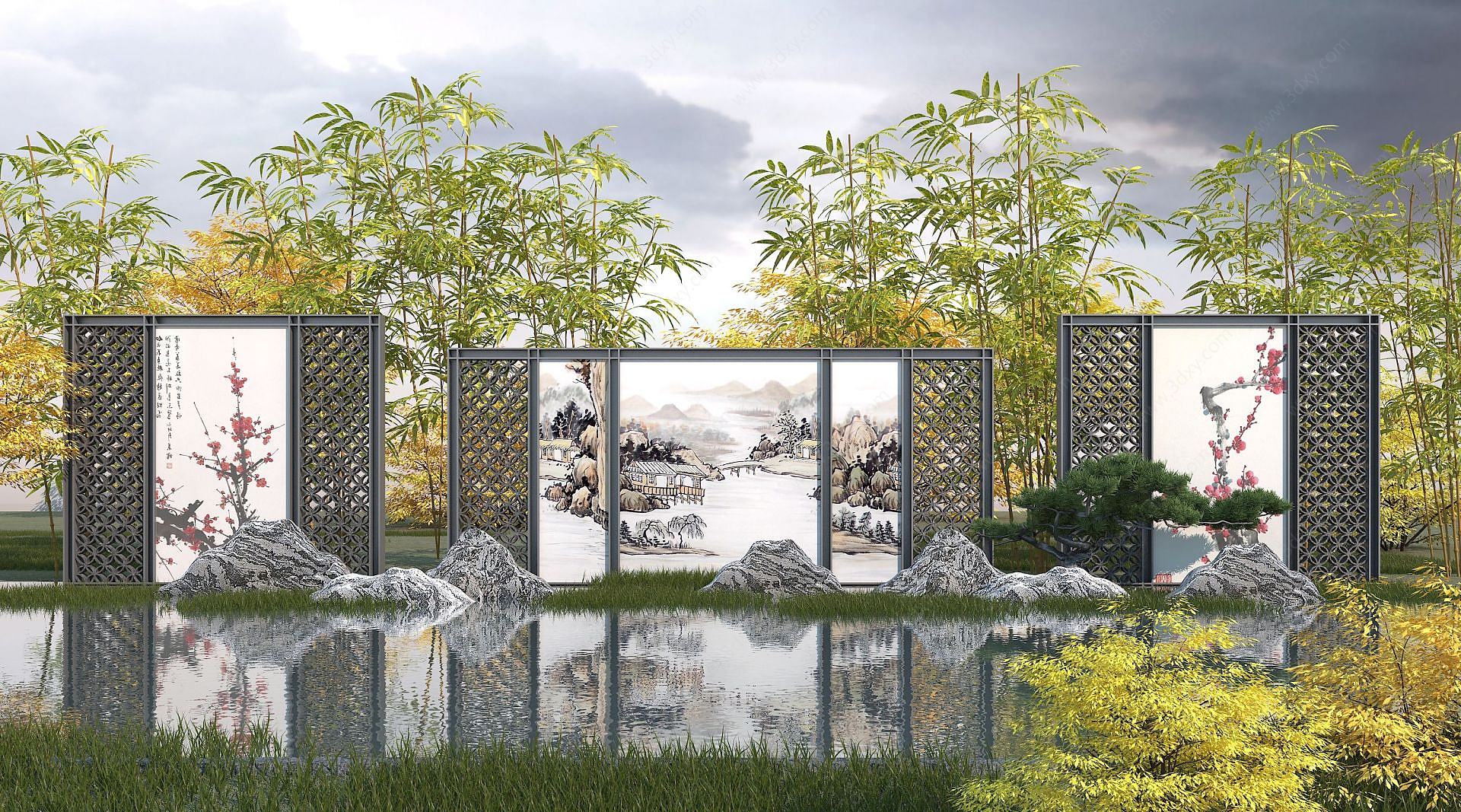 新中式园林景墙,屏风3D模型