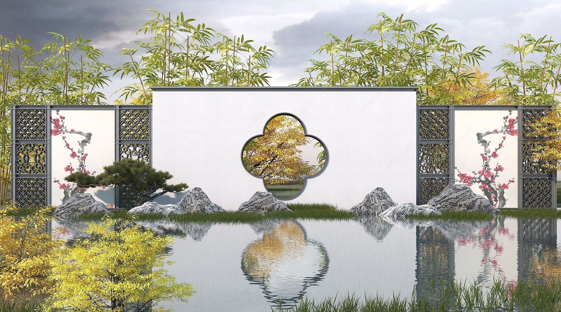 新中式园林景观墙模型信息