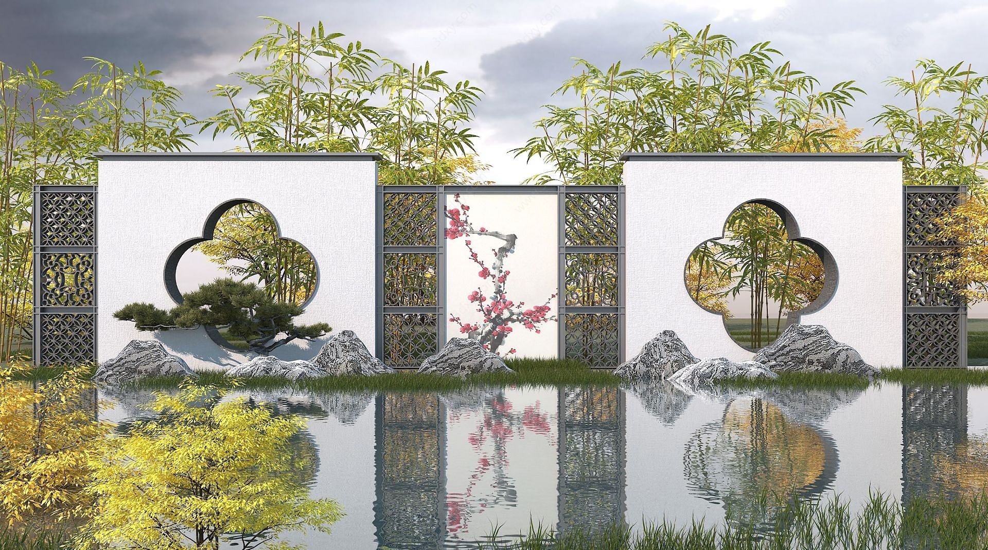 新中式园林景观墙模型信息
