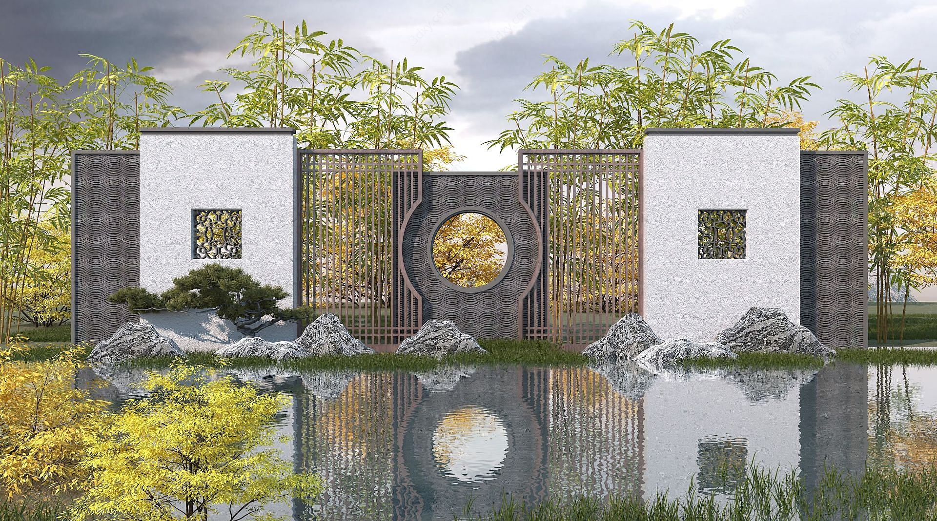 新中式园林景墙3D模型