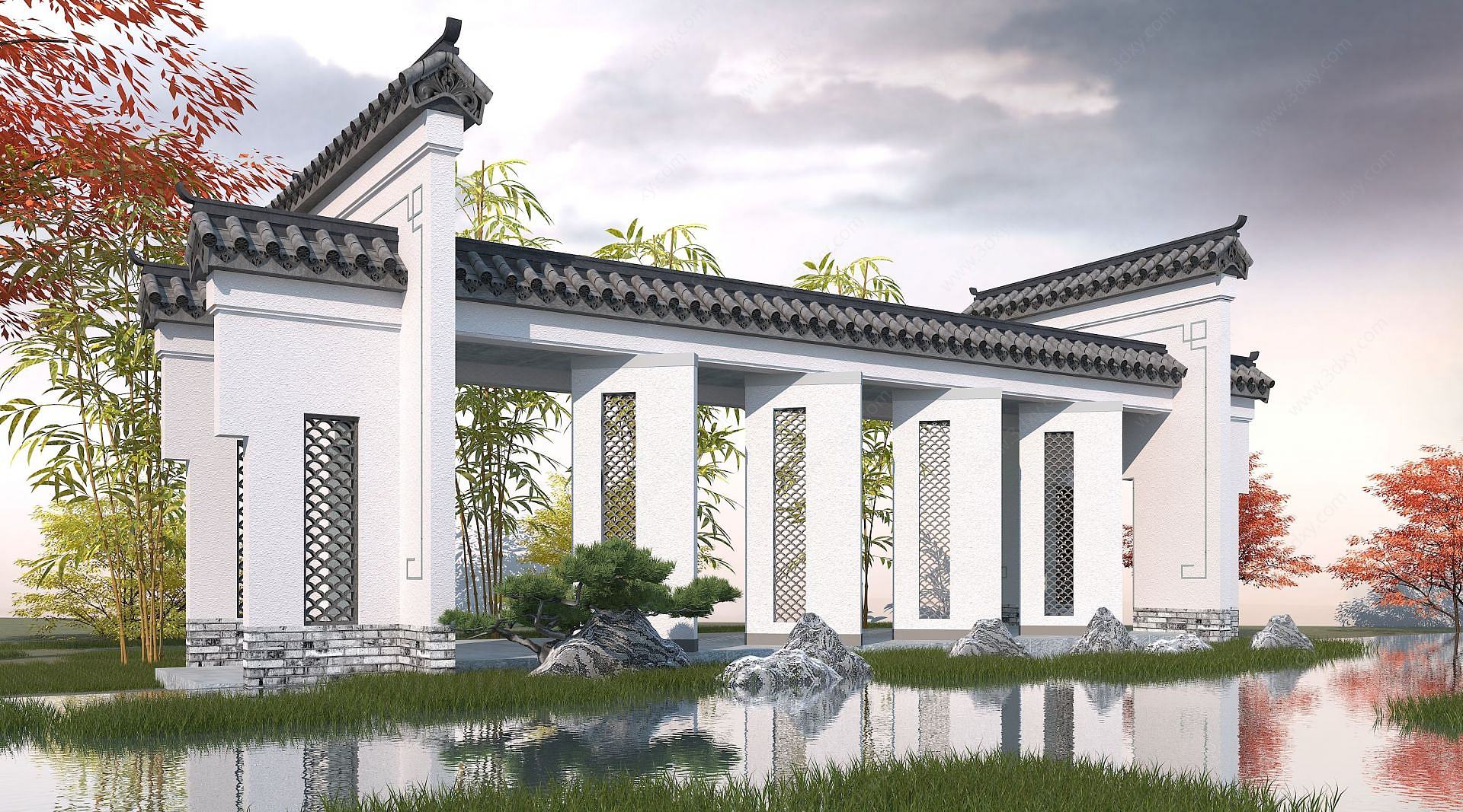中式长廊景墙3D模型