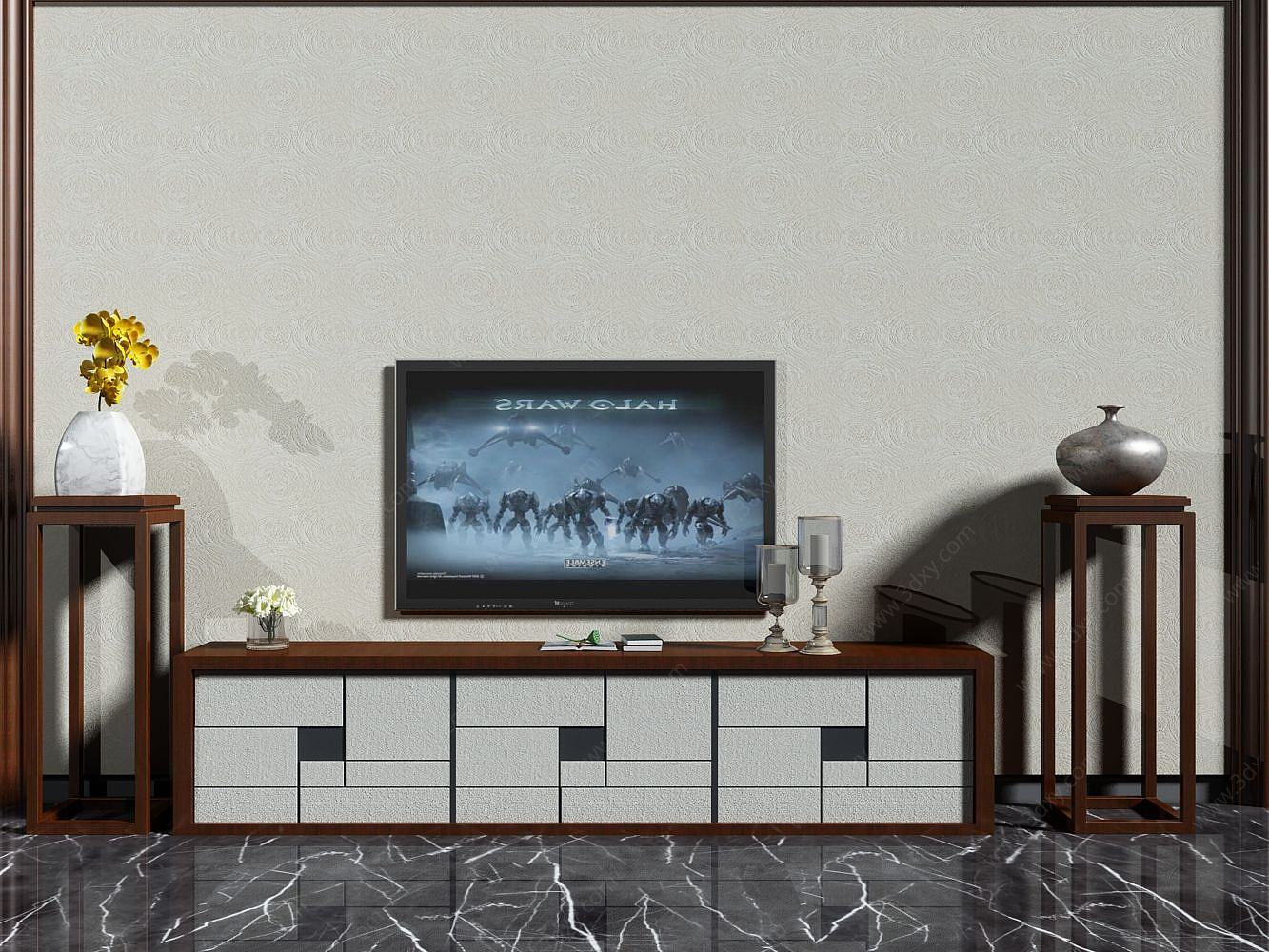 中式电视背景墙3D模型