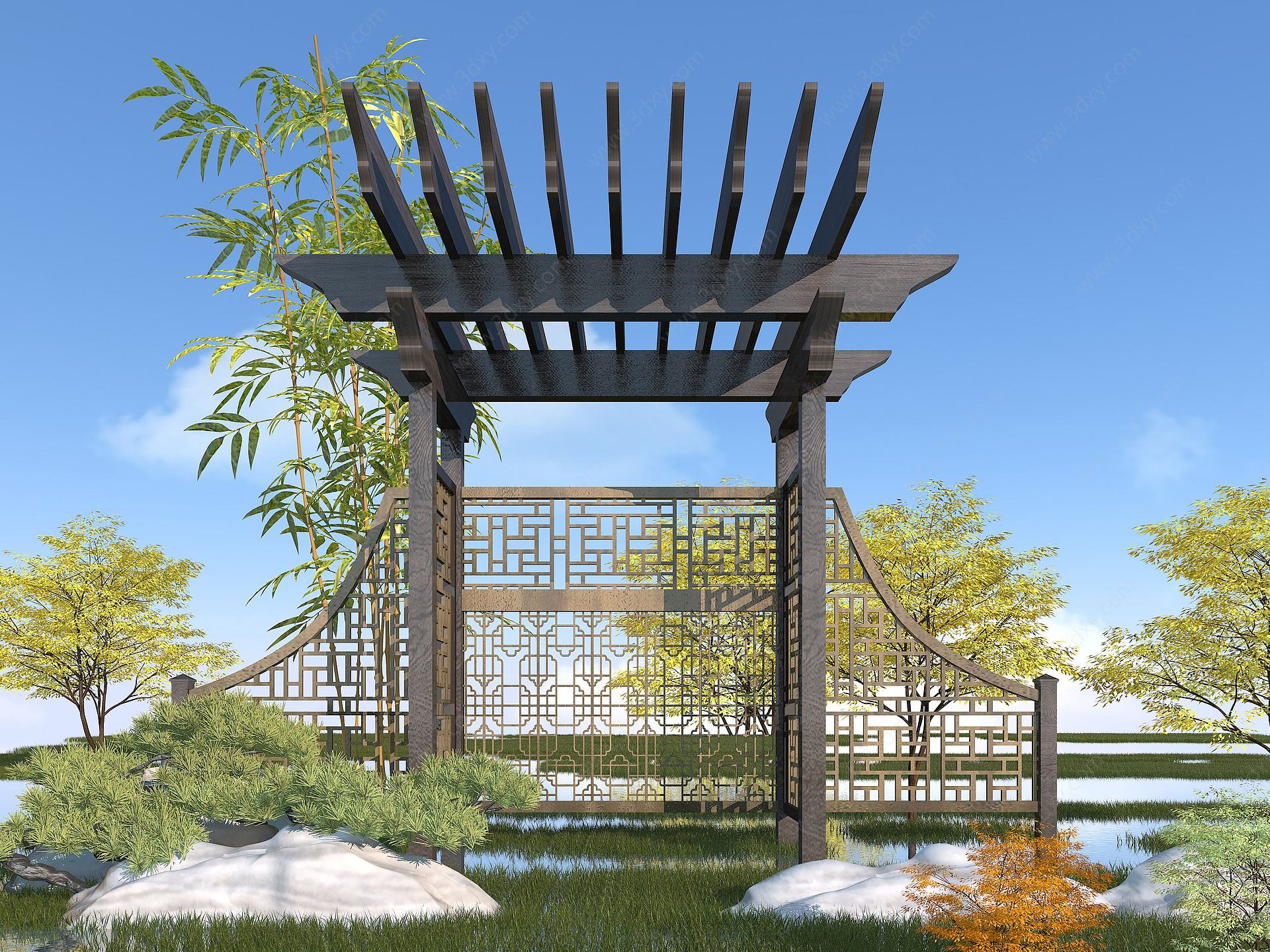 中式景观廊架3D模型