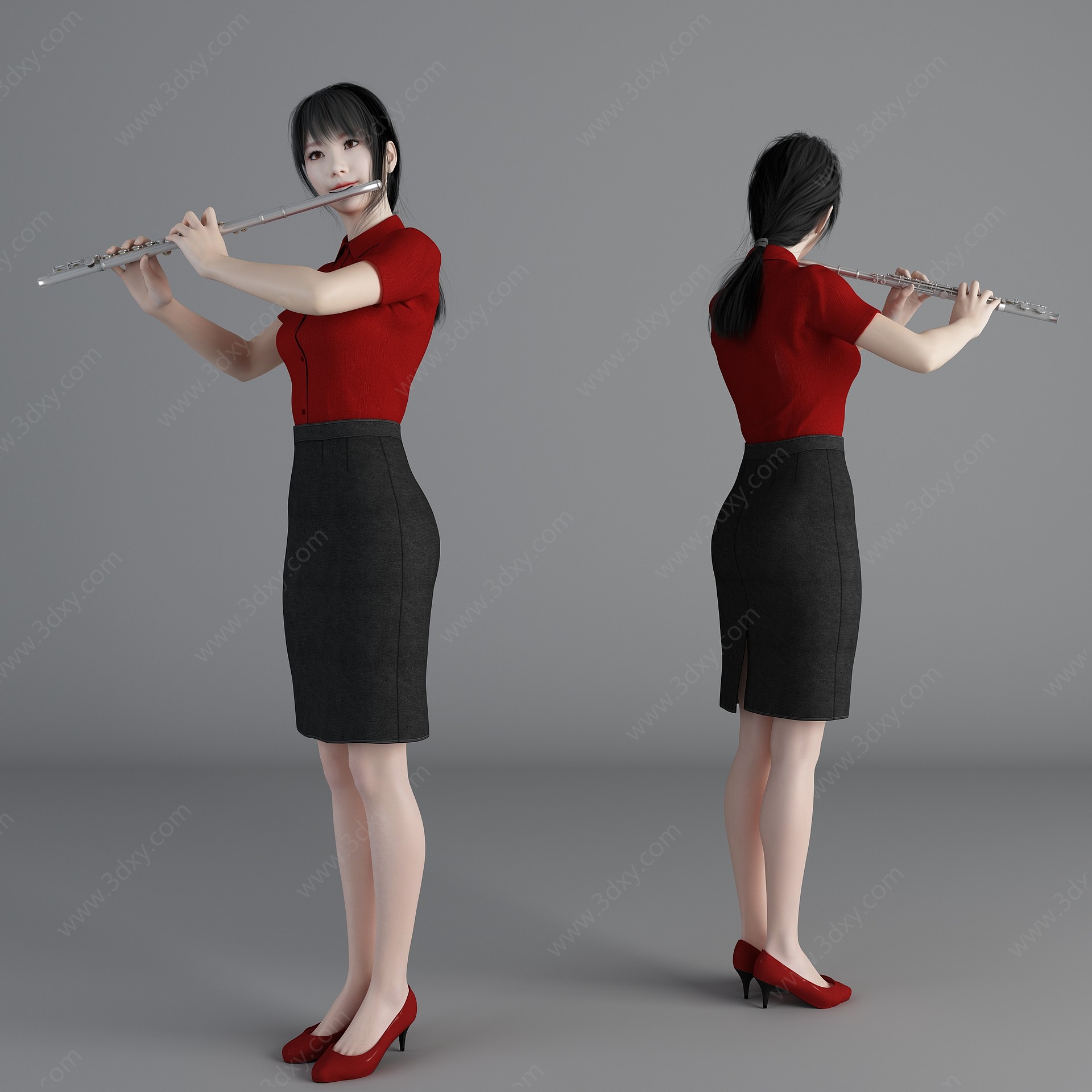 现代风格吹笛子美女人物3D模型
