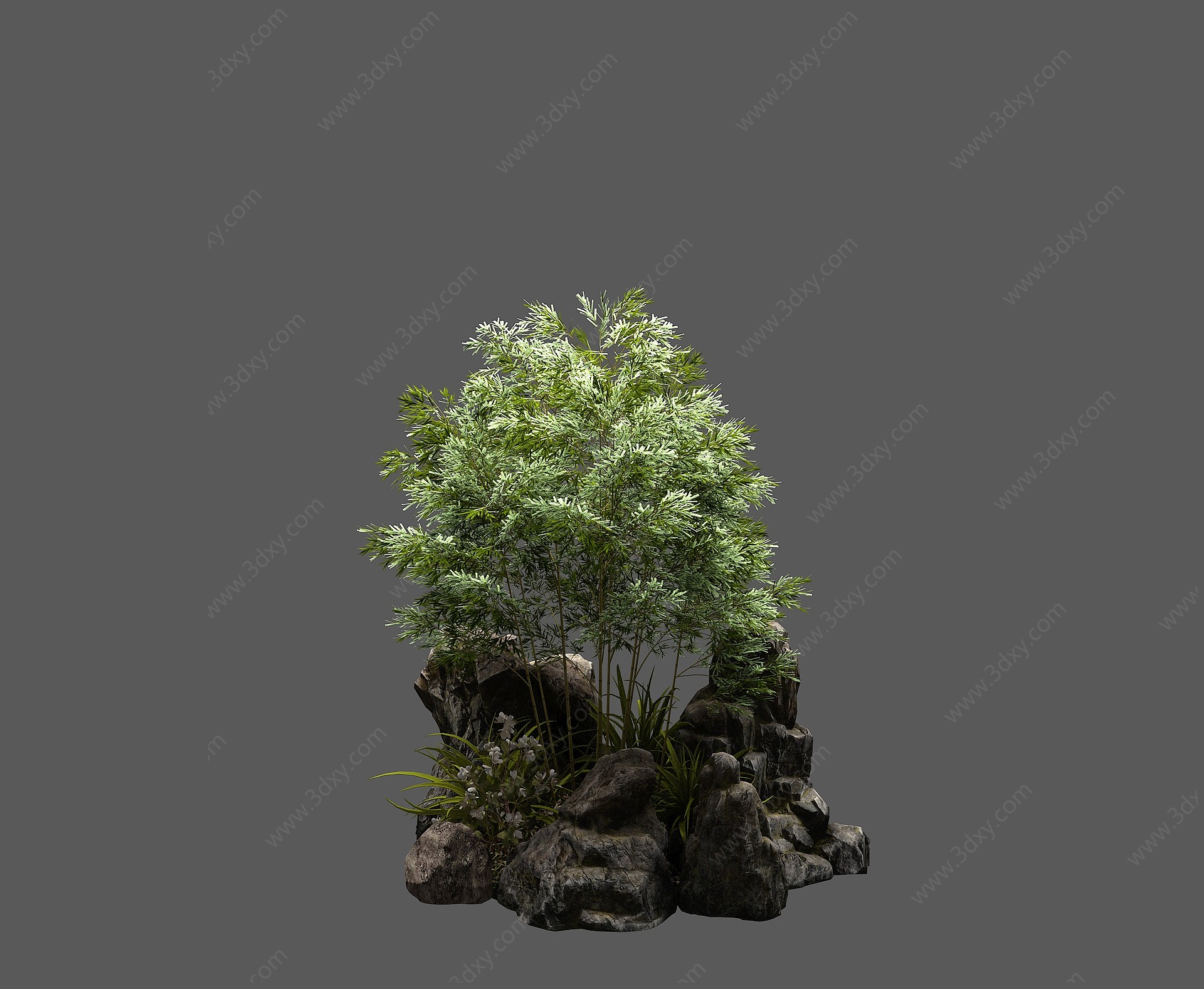 新中式石头竹子植物组合3D模型