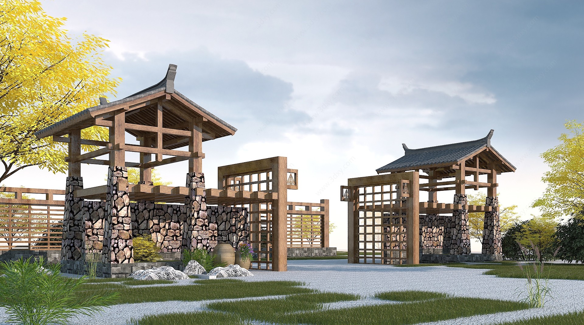 中式园林景观大门3D模型