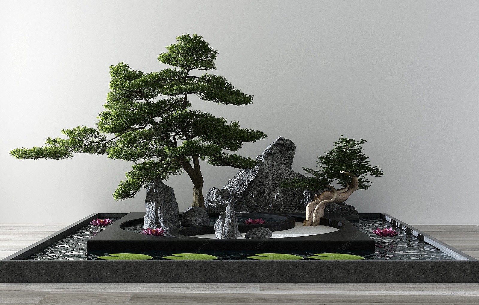 中式松树石头水景3D模型