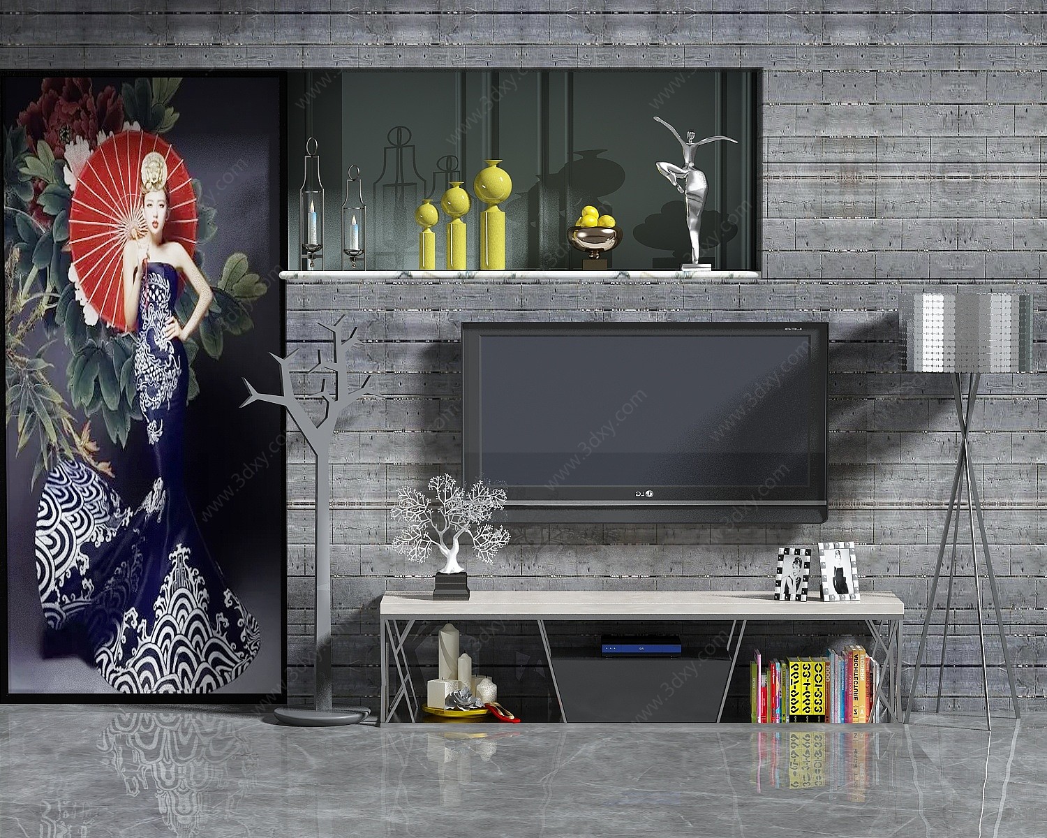 灰色造型电视背景墙3D模型
