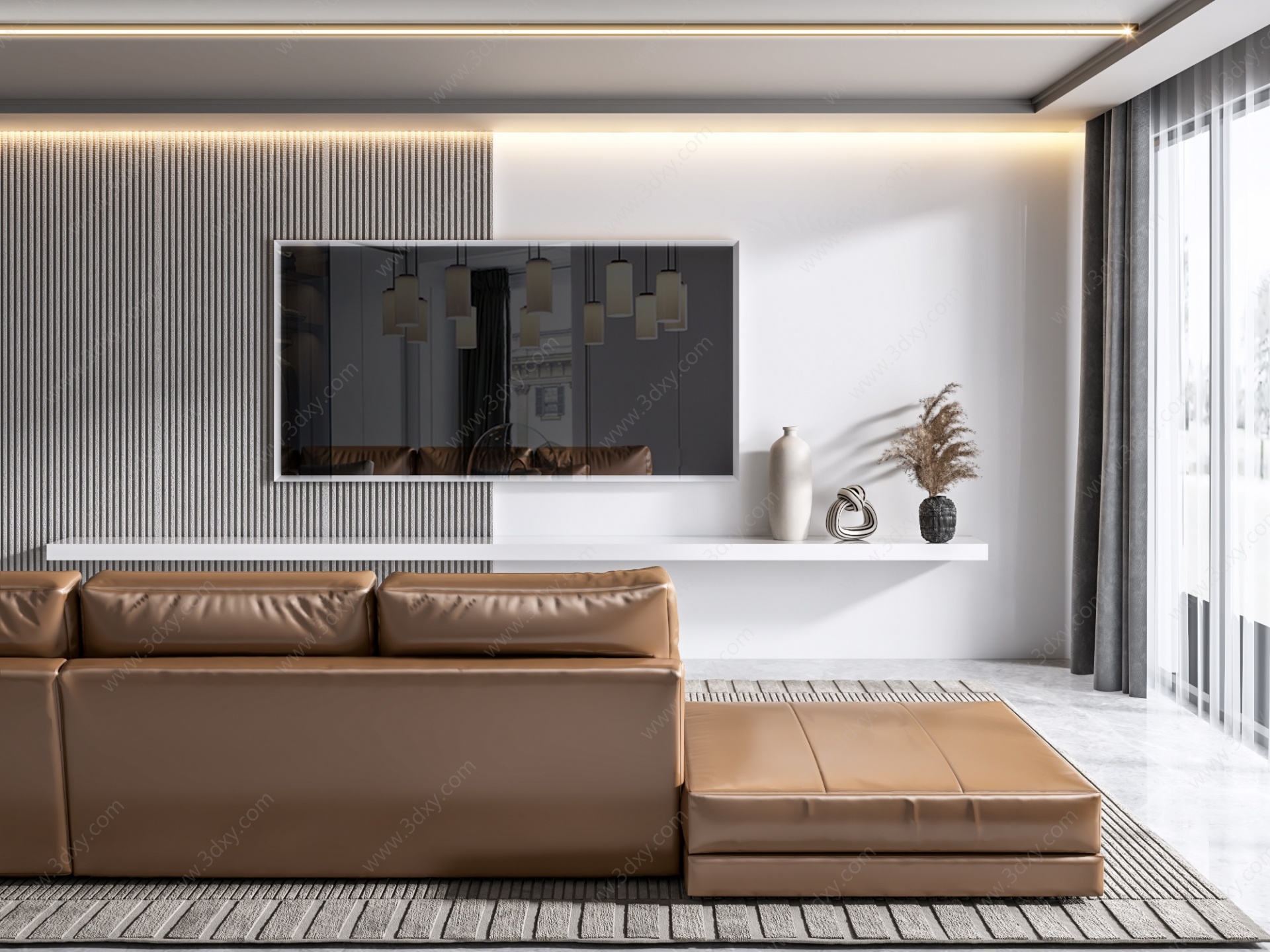 现代客厅皮革沙发电视背景3D模型