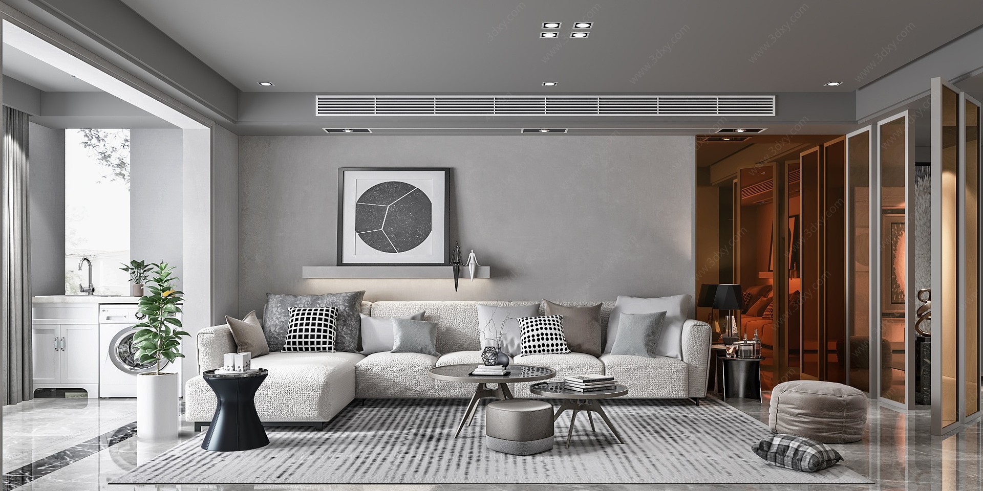 现代客厅沙发茶几阳台3D模型