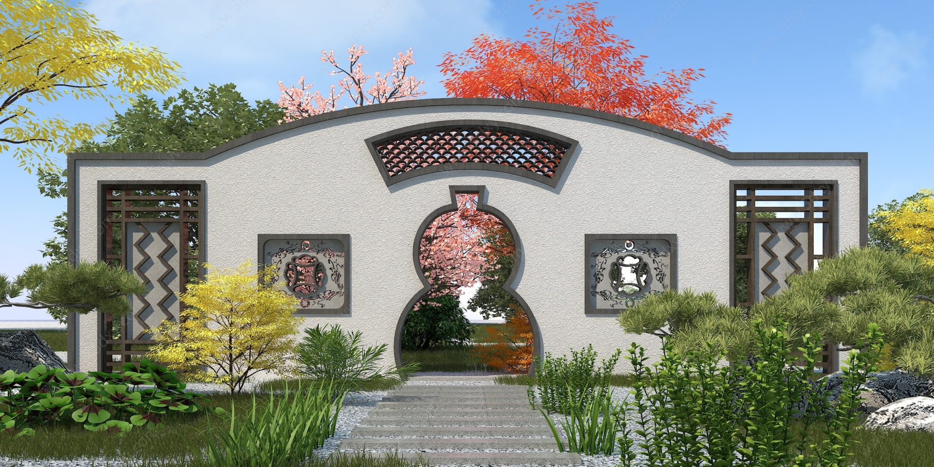 新中式园林景观墙3D模型
