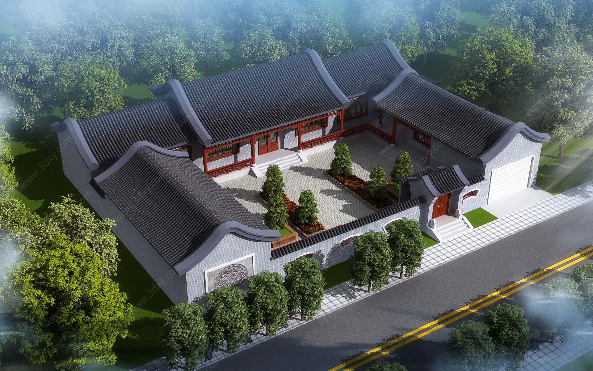 中式古建别墅外观3D模型