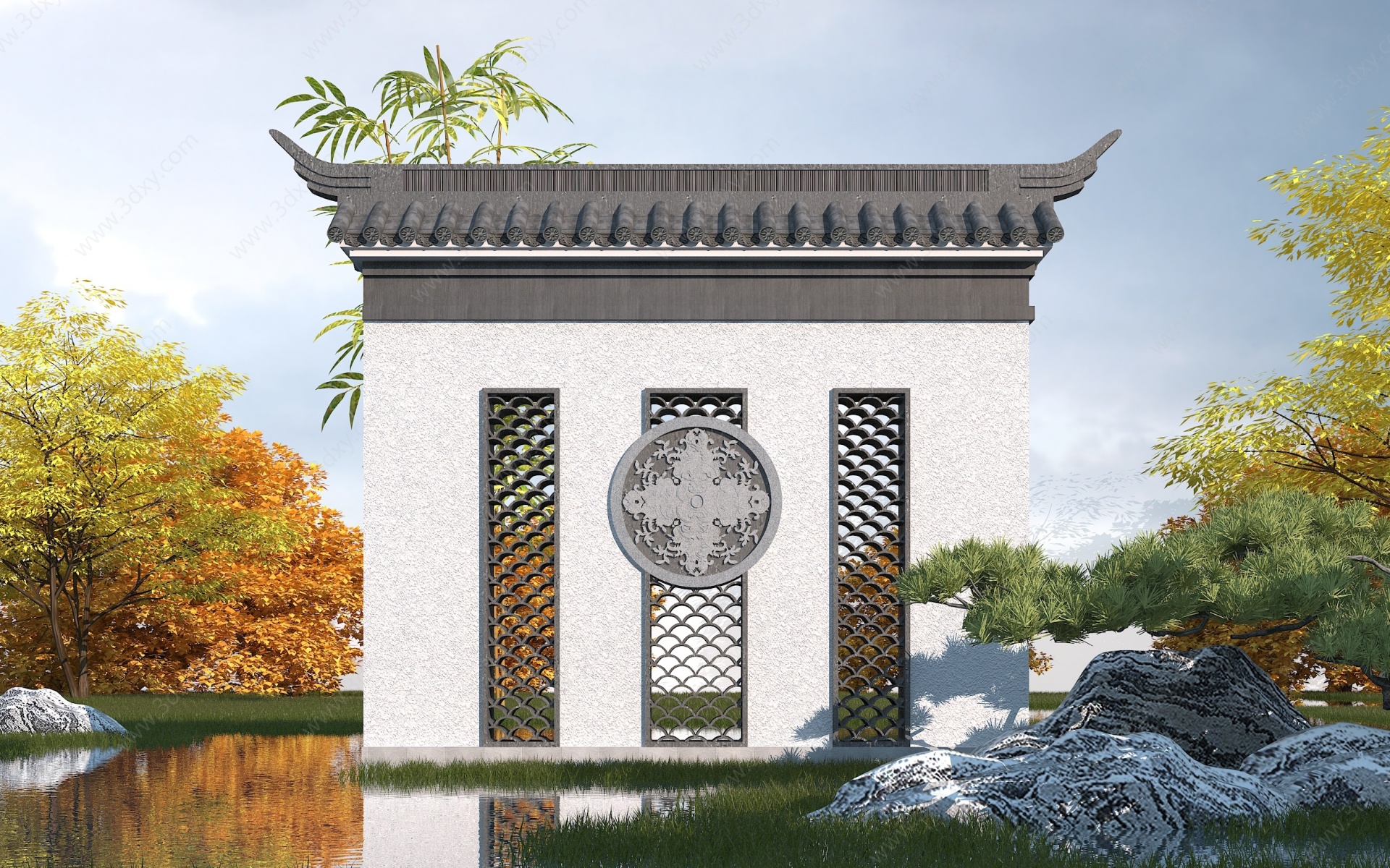 中式影壁墙3D模型