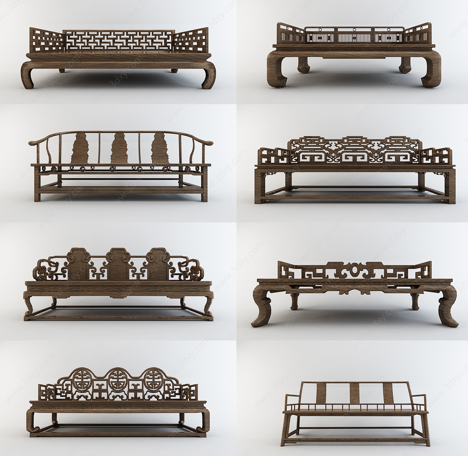 中式罗汉镂空雕花实木沙发3D模型