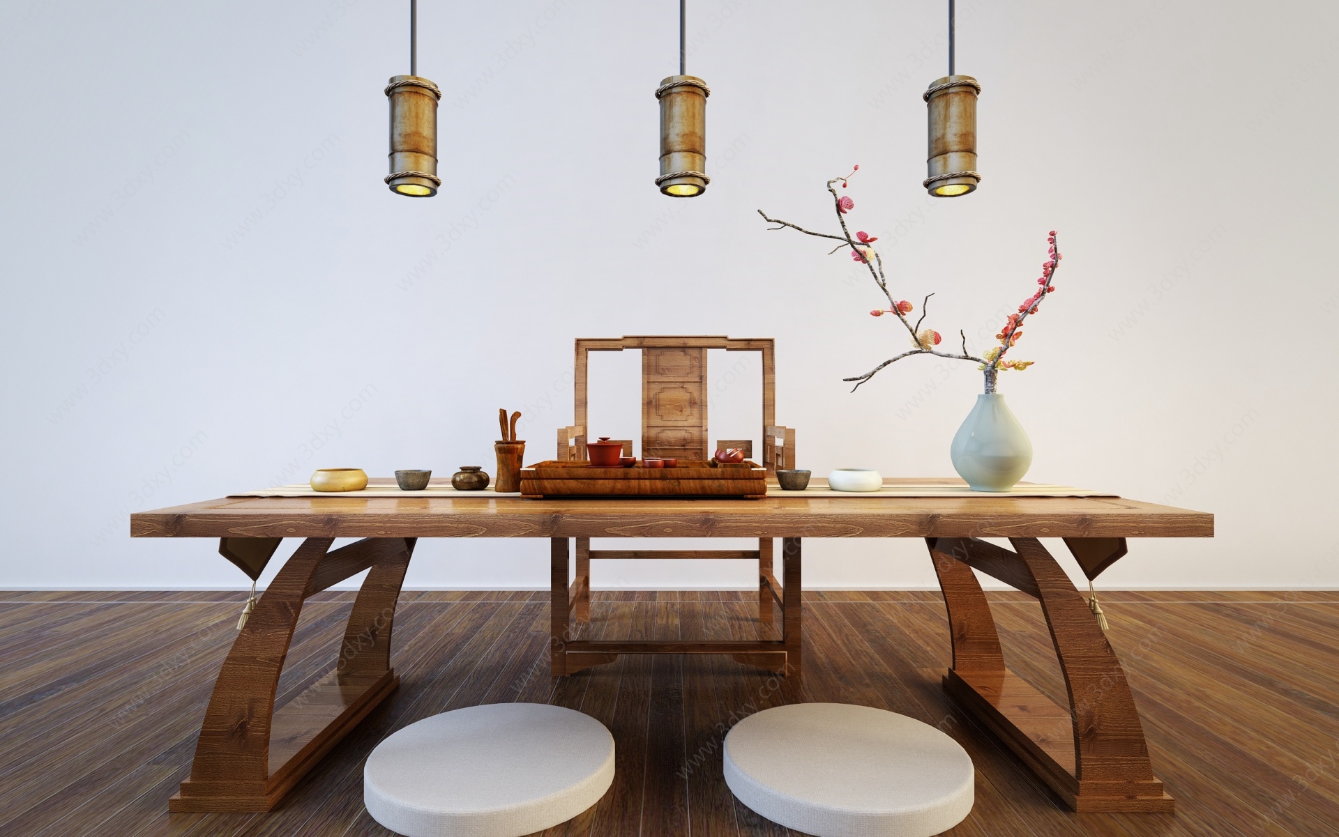 新中式矮茶几茶桌坐垫组合3D模型
