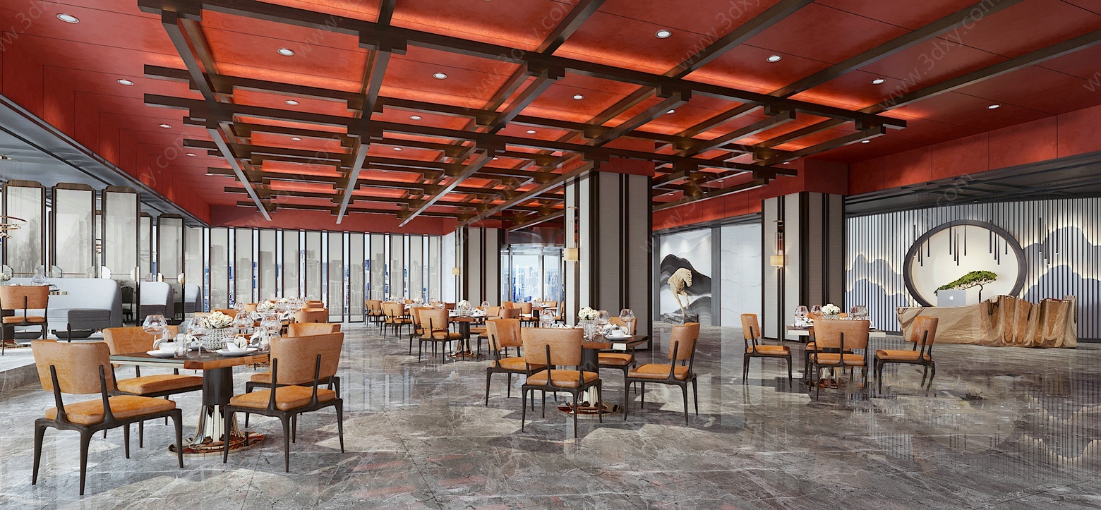 新中式餐厅大堂3D模型
