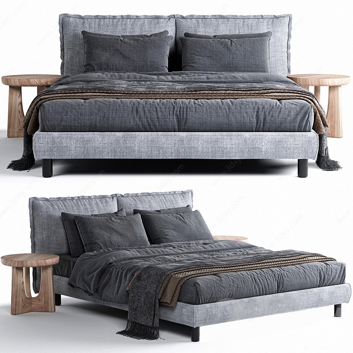 现代灰色调双人大床3D模型