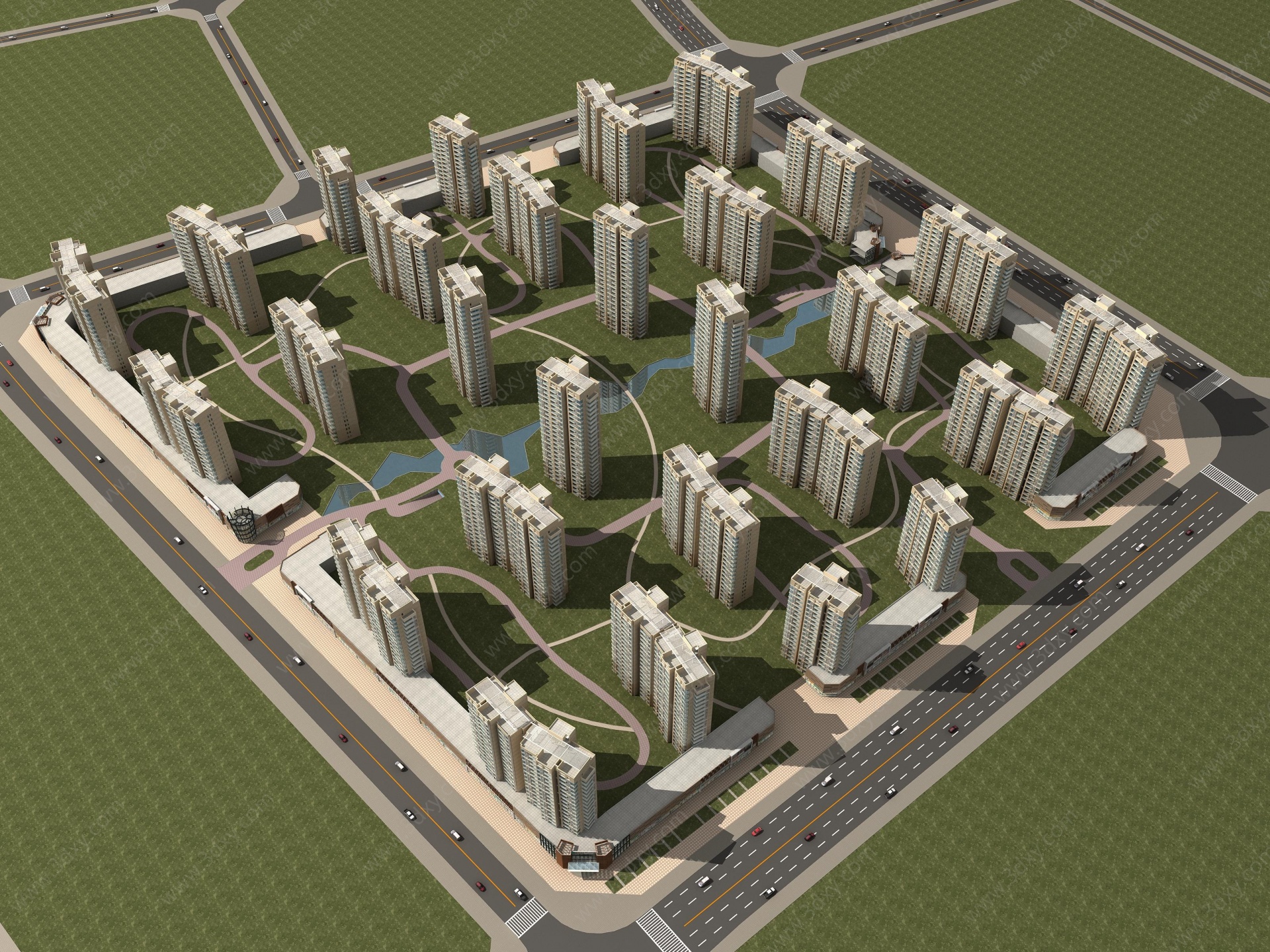 现代住宅楼鸟瞰3D模型