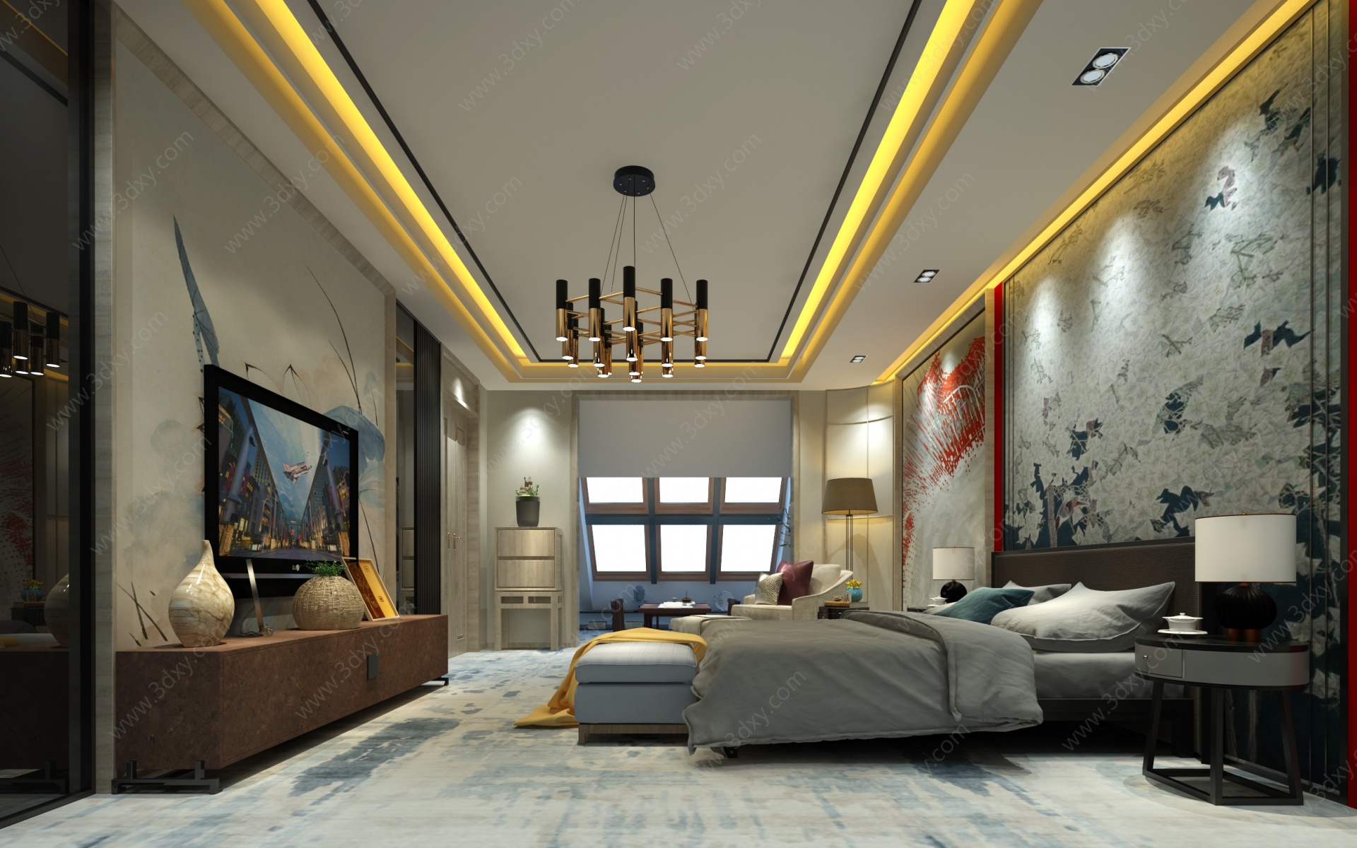 中式风格的酒店客房3D模型