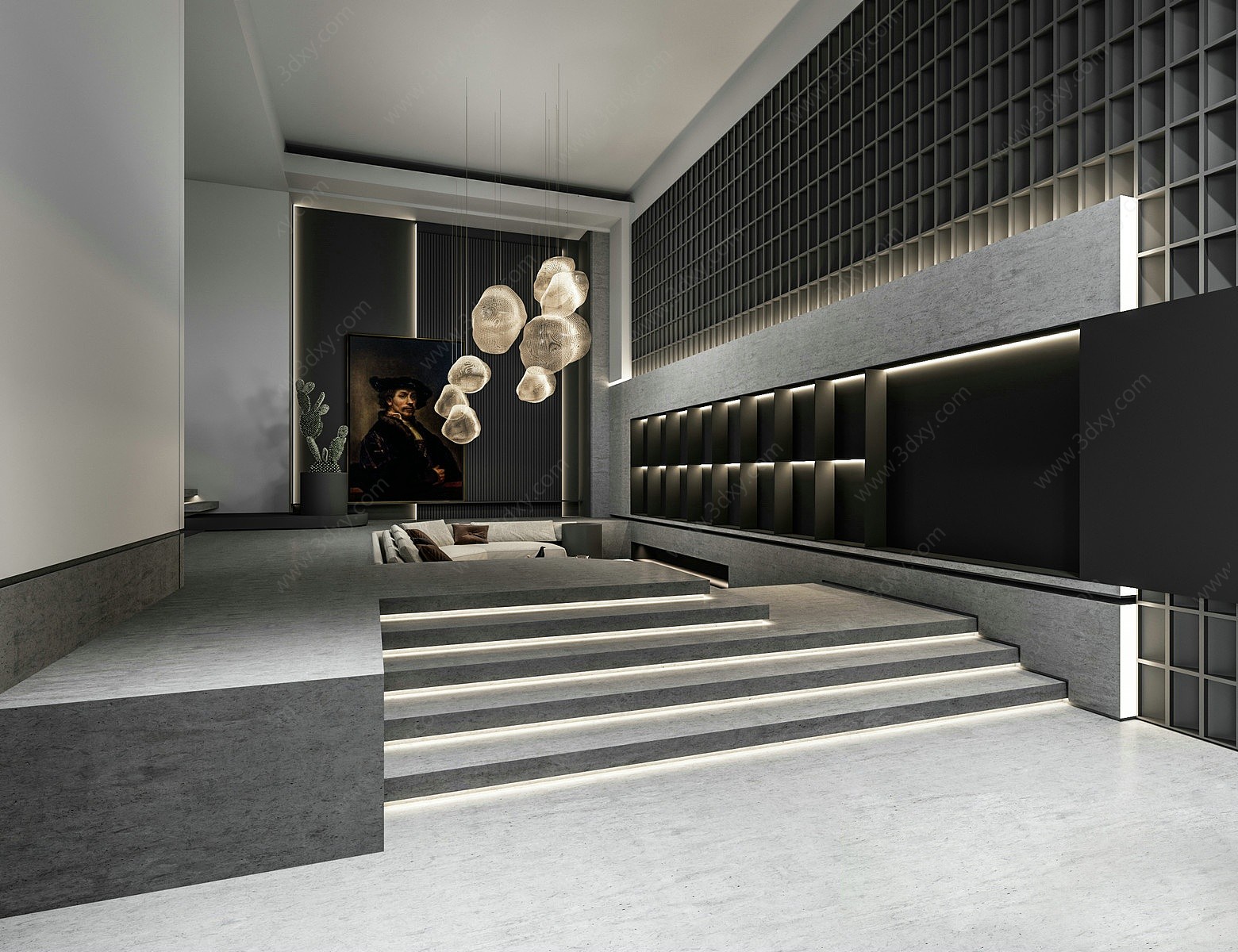 现代别墅下沉式客厅3D模型