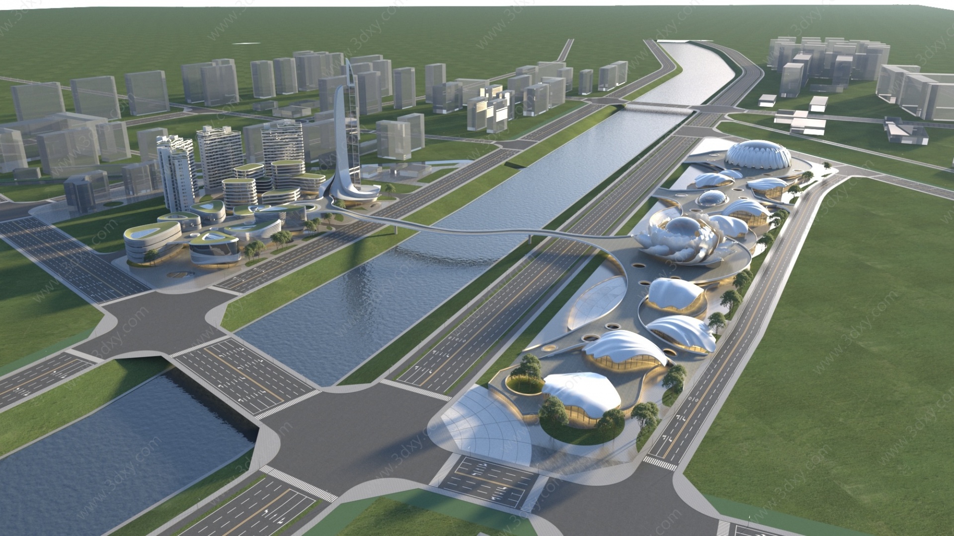 现代鸟瞰城市规划3D模型