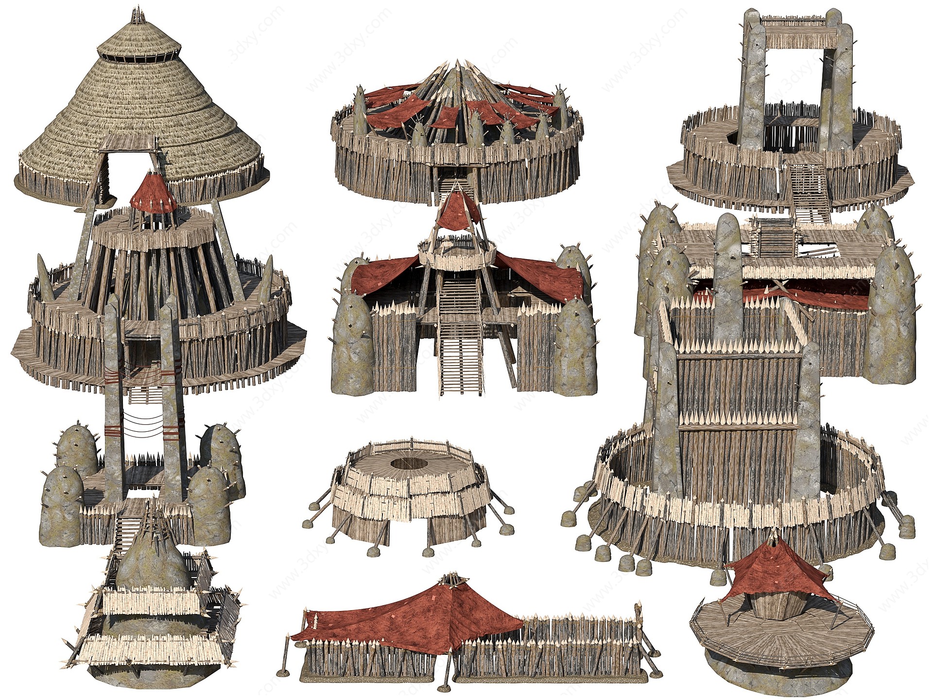 古代原始村落茅草屋3D模型