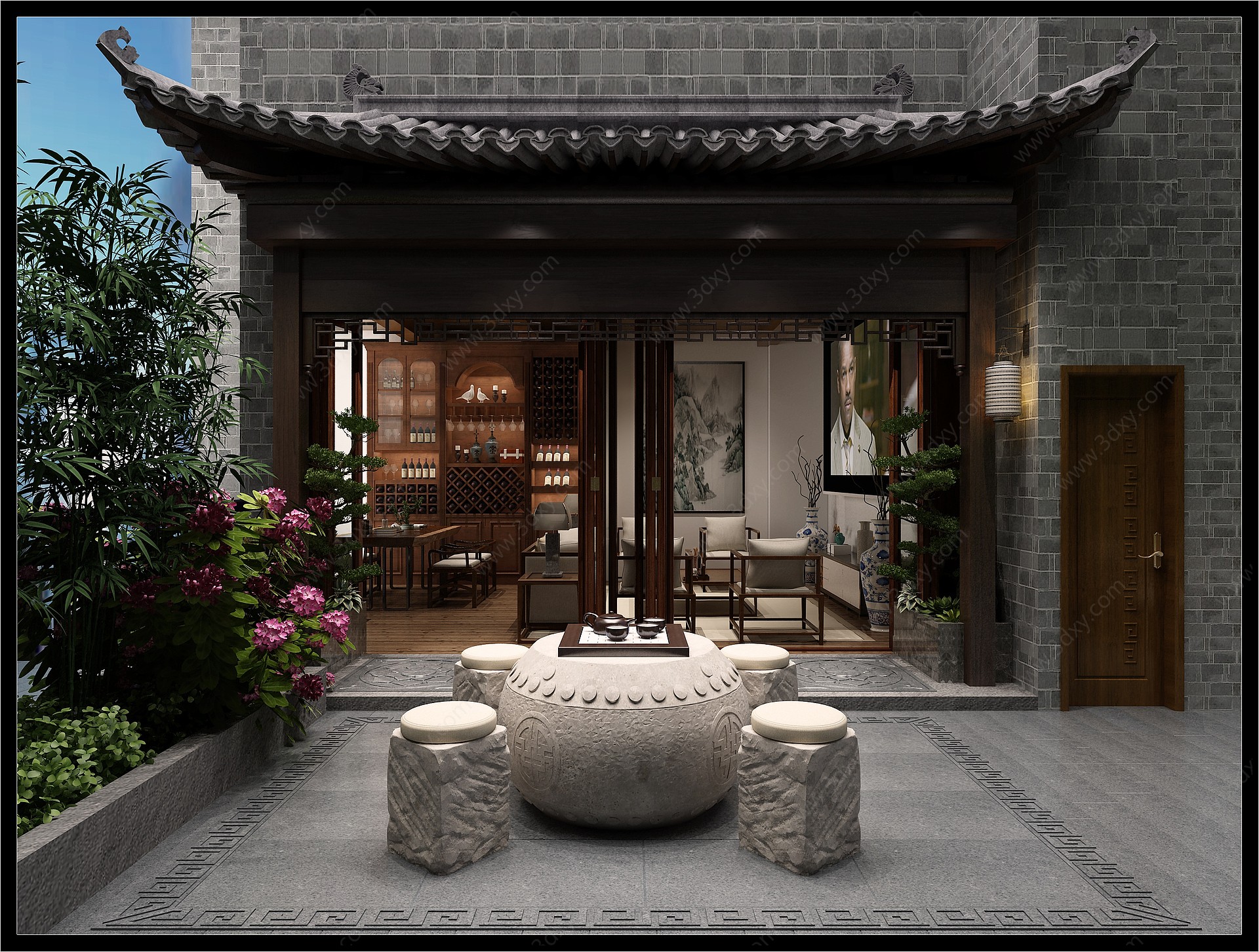 新中式阳台花园3D模型