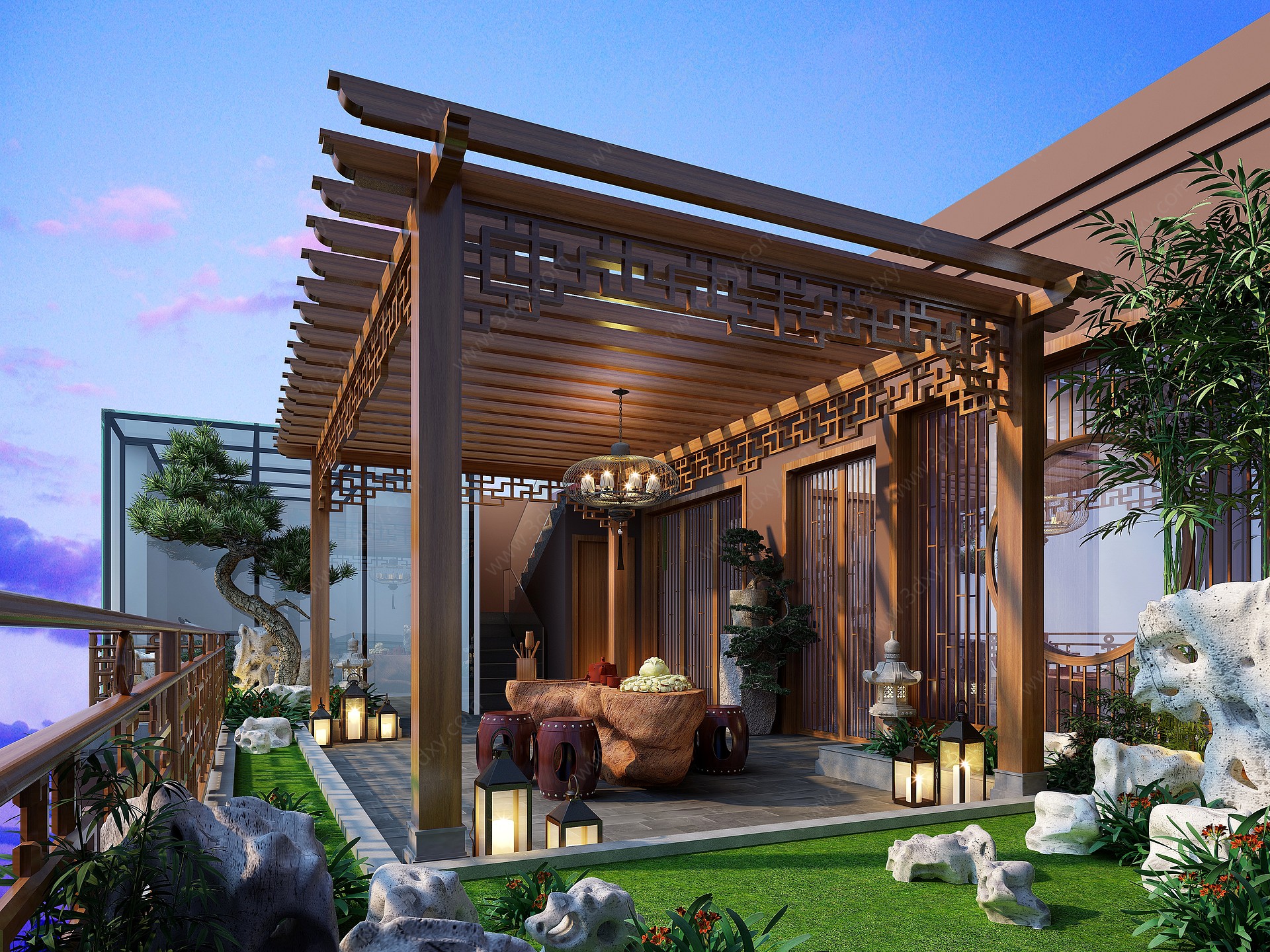 新中式阳台花园3D模型