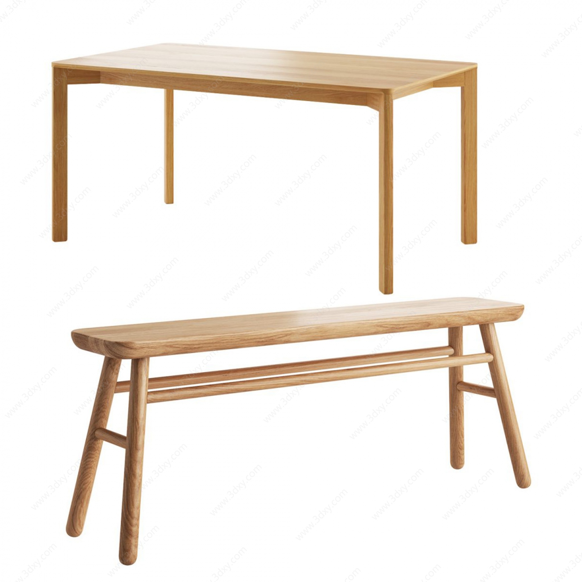 北欧实木餐桌椅长凳子3D模型