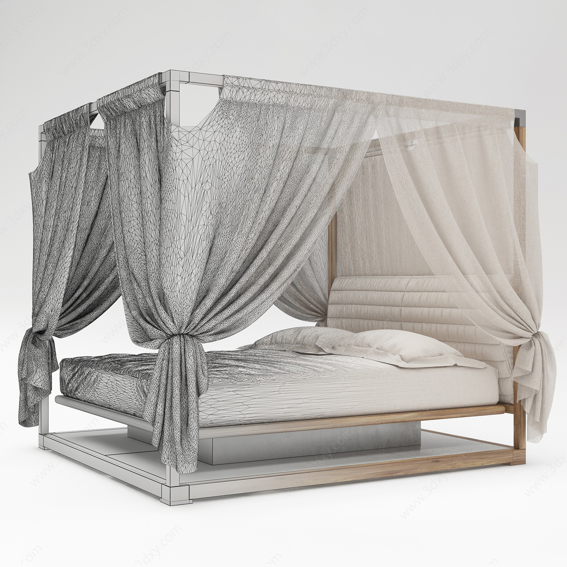新中式双人床窗帘3D模型