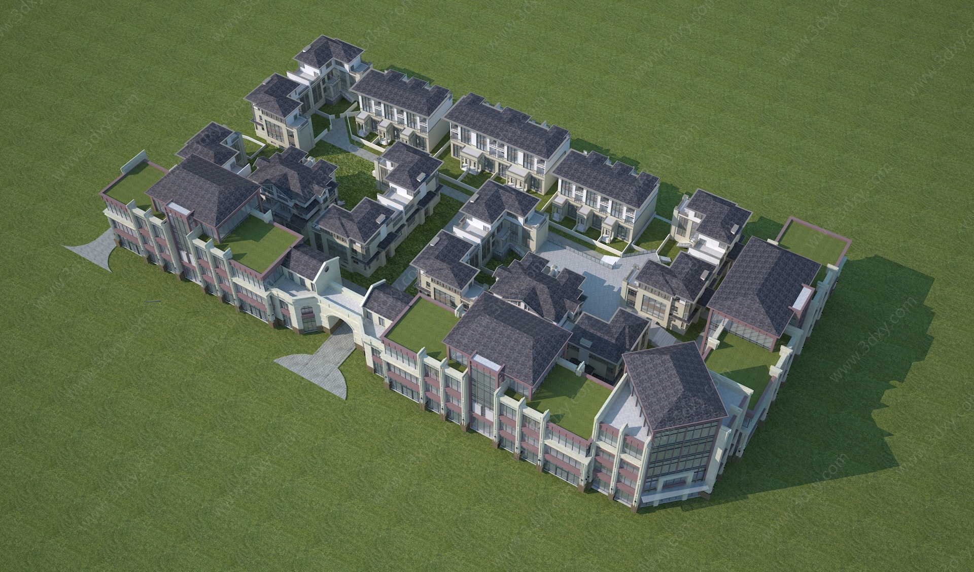 双拼别墅鸟瞰规划3D模型