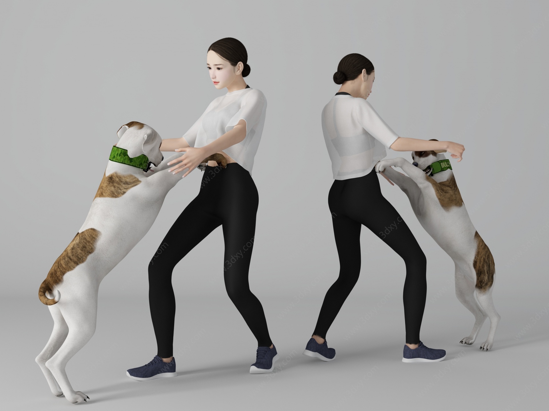 遛狗美女人物3D模型