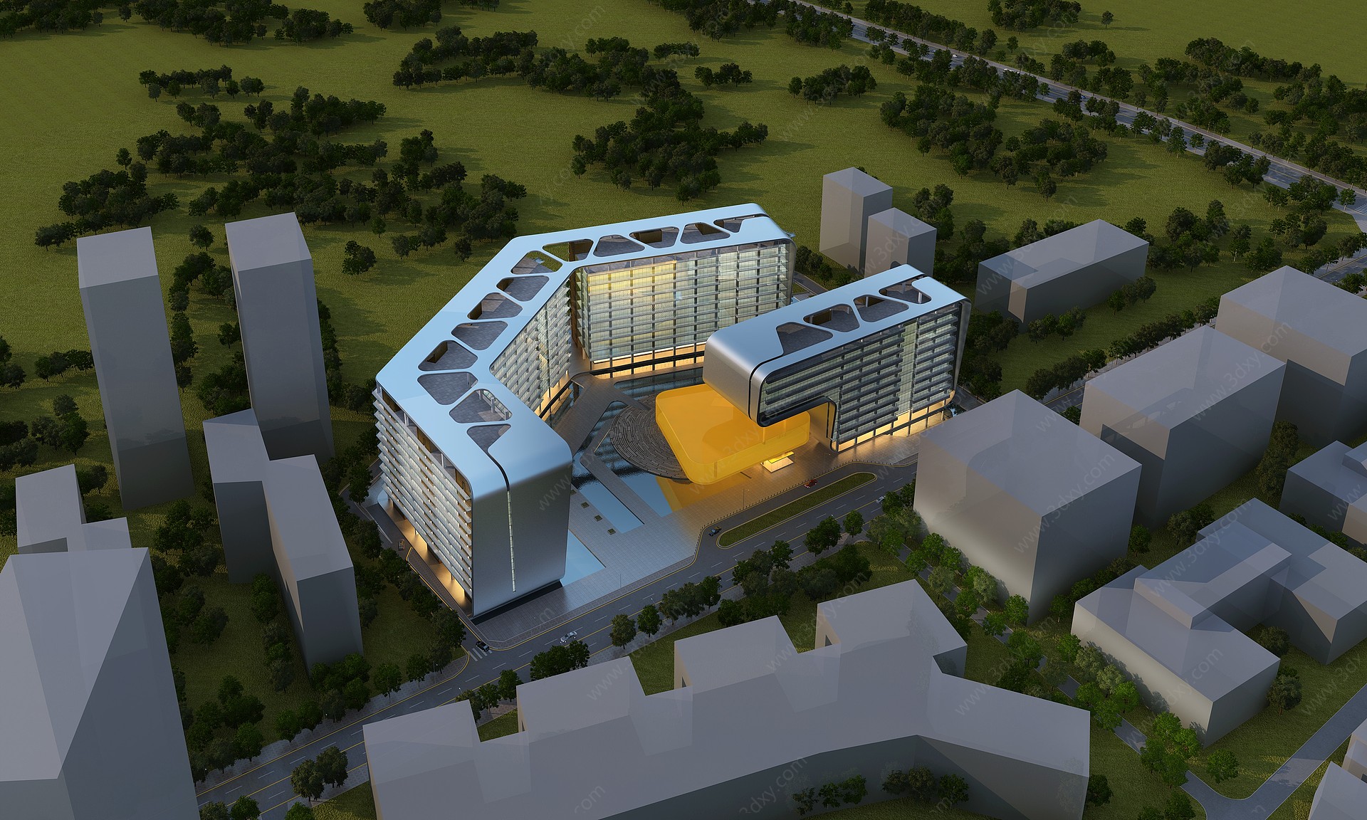 现代办公楼鸟瞰3D模型