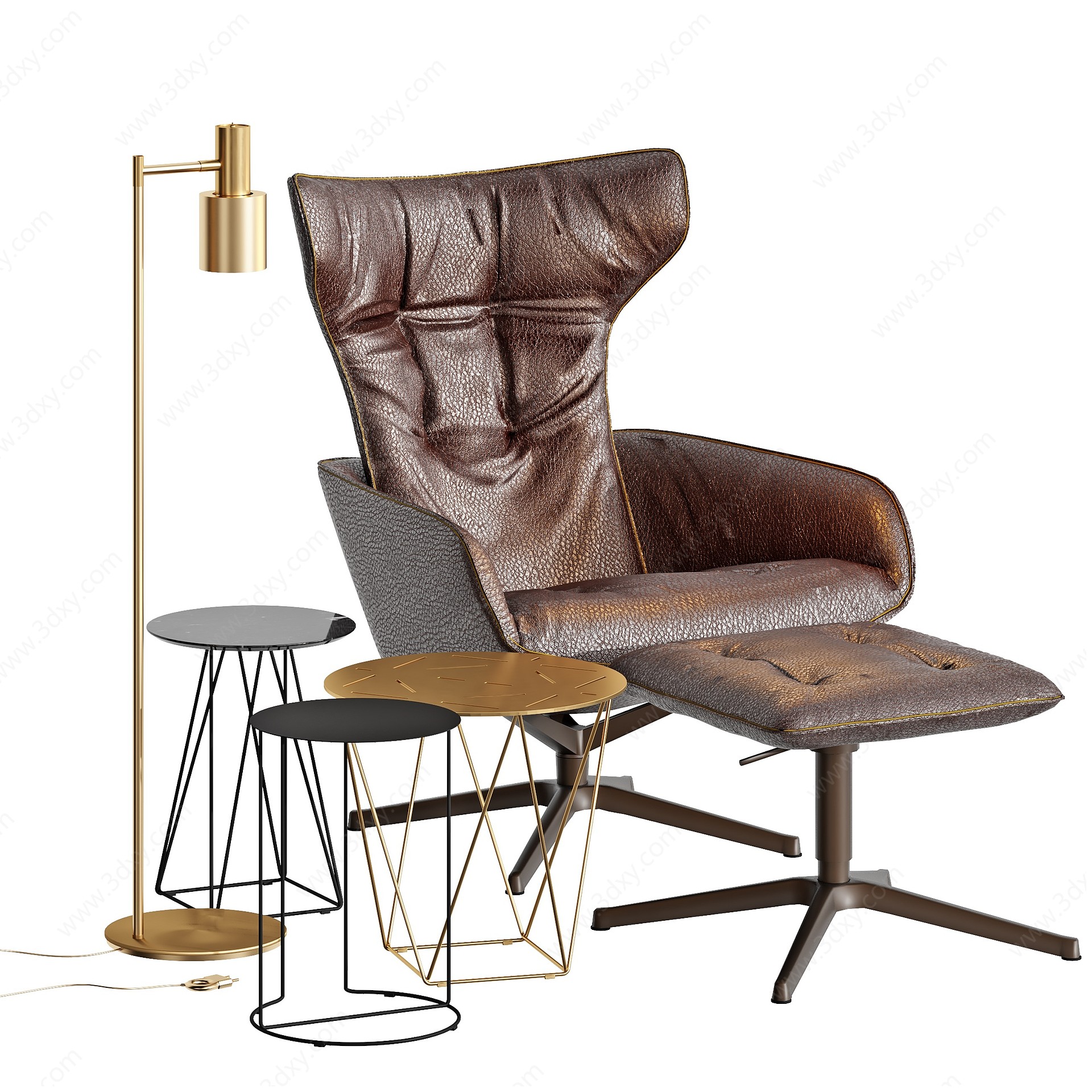 北欧皮革单人休闲椅脚榻3D模型