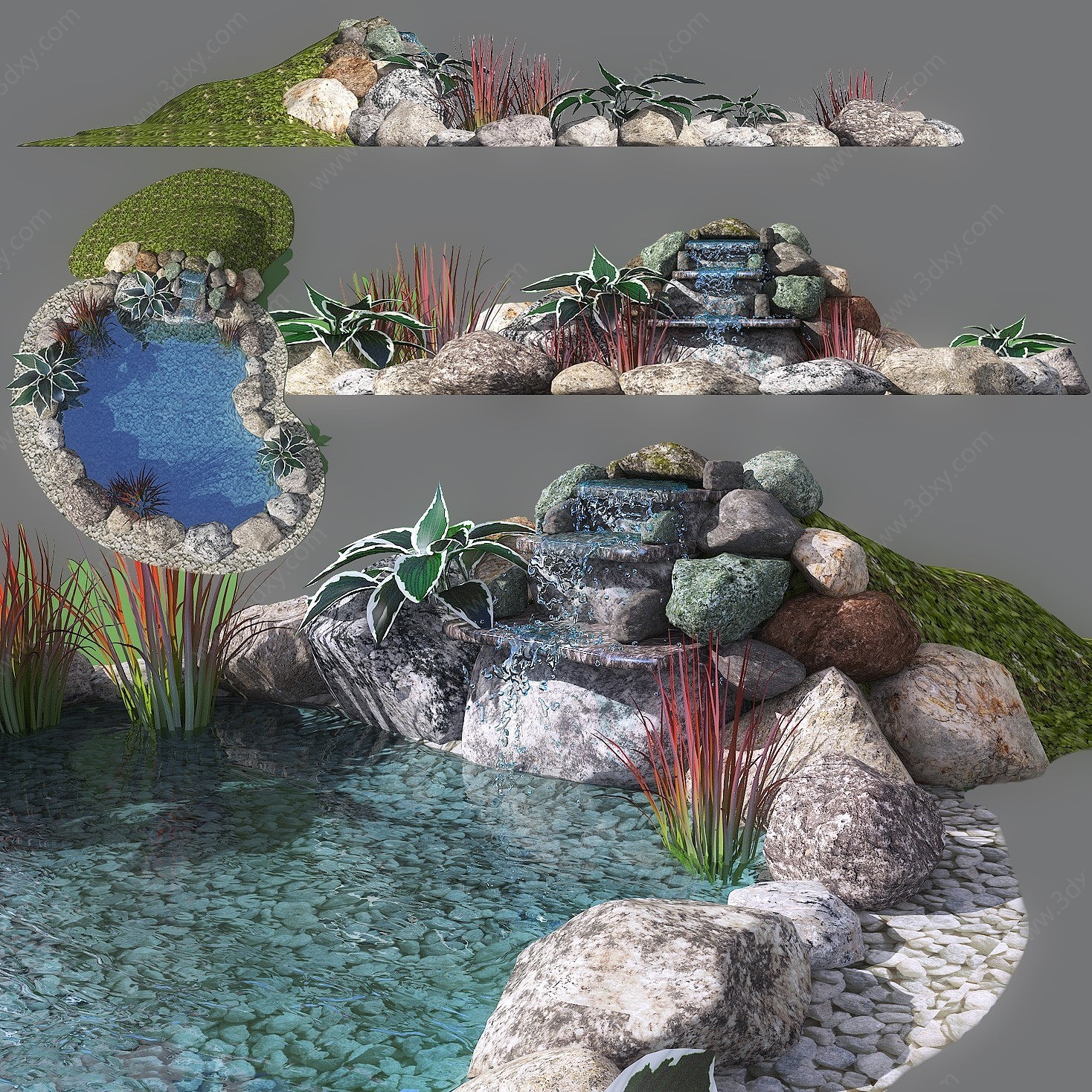 现代假山石头水景3D模型