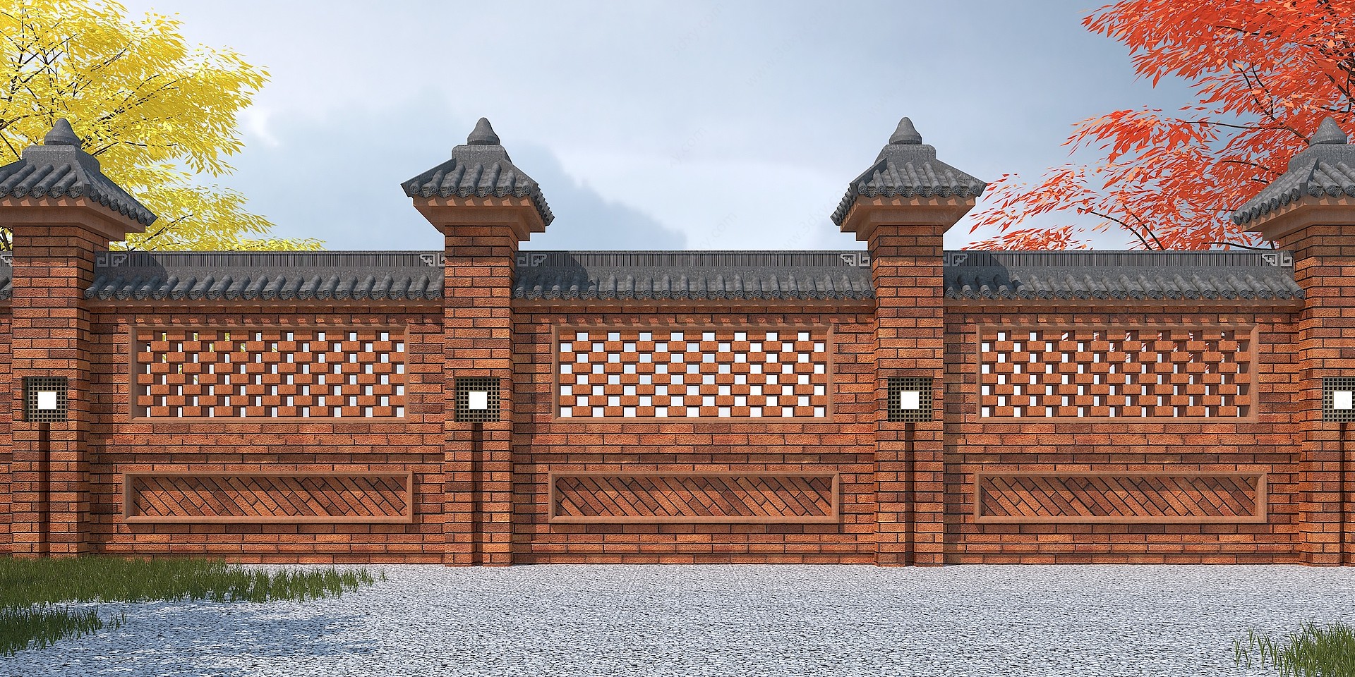 中式砖墙3D模型