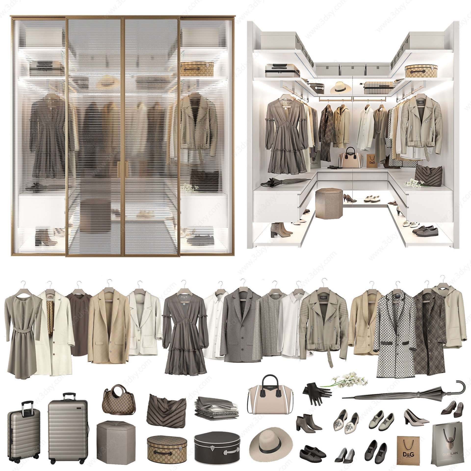 现代轻奢玻璃门衣柜衣服3D模型