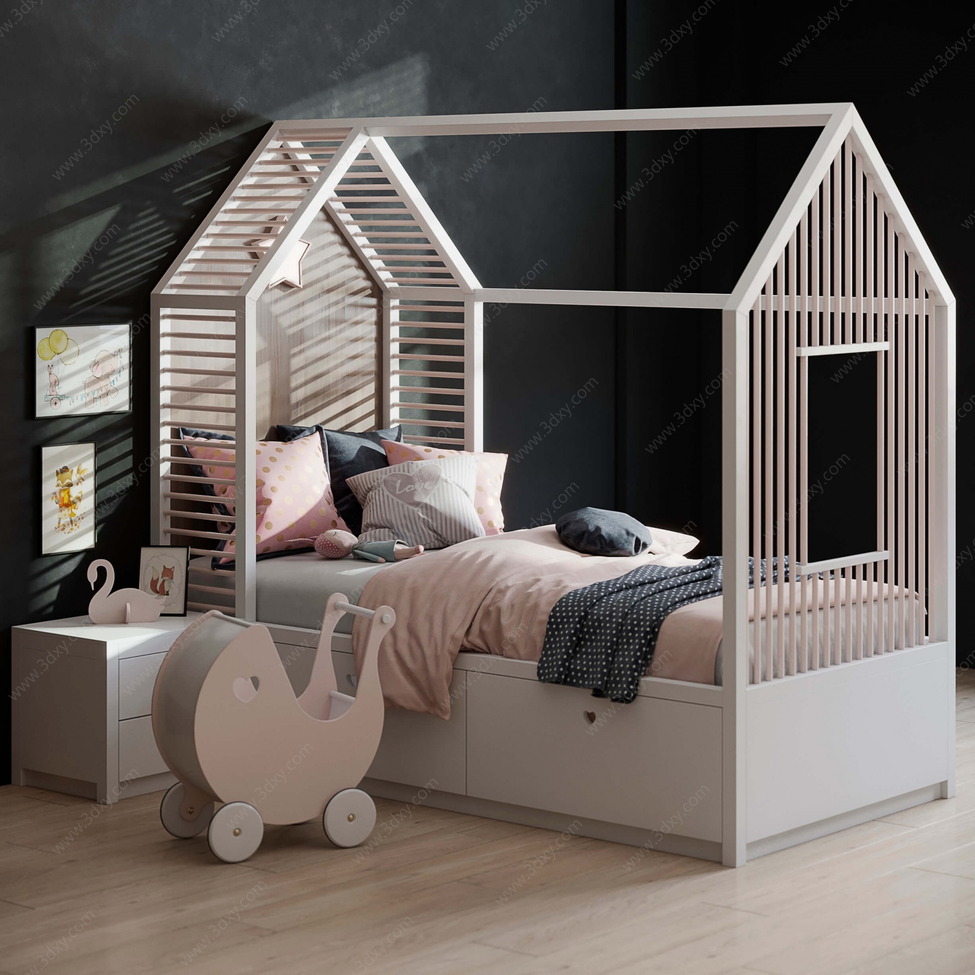 现代儿童木架床儿童房3D模型