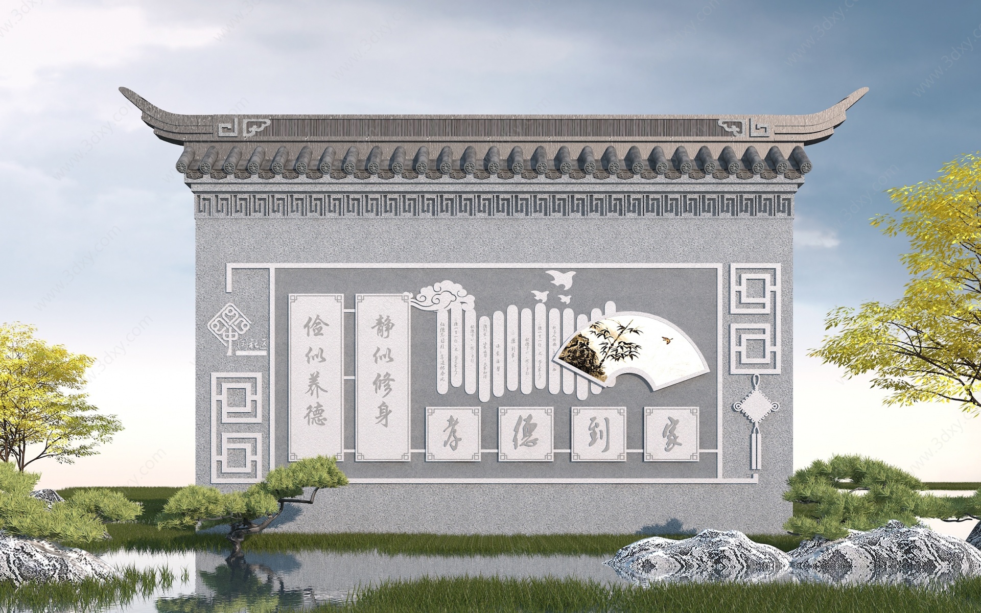中式文化浮雕墙3D模型